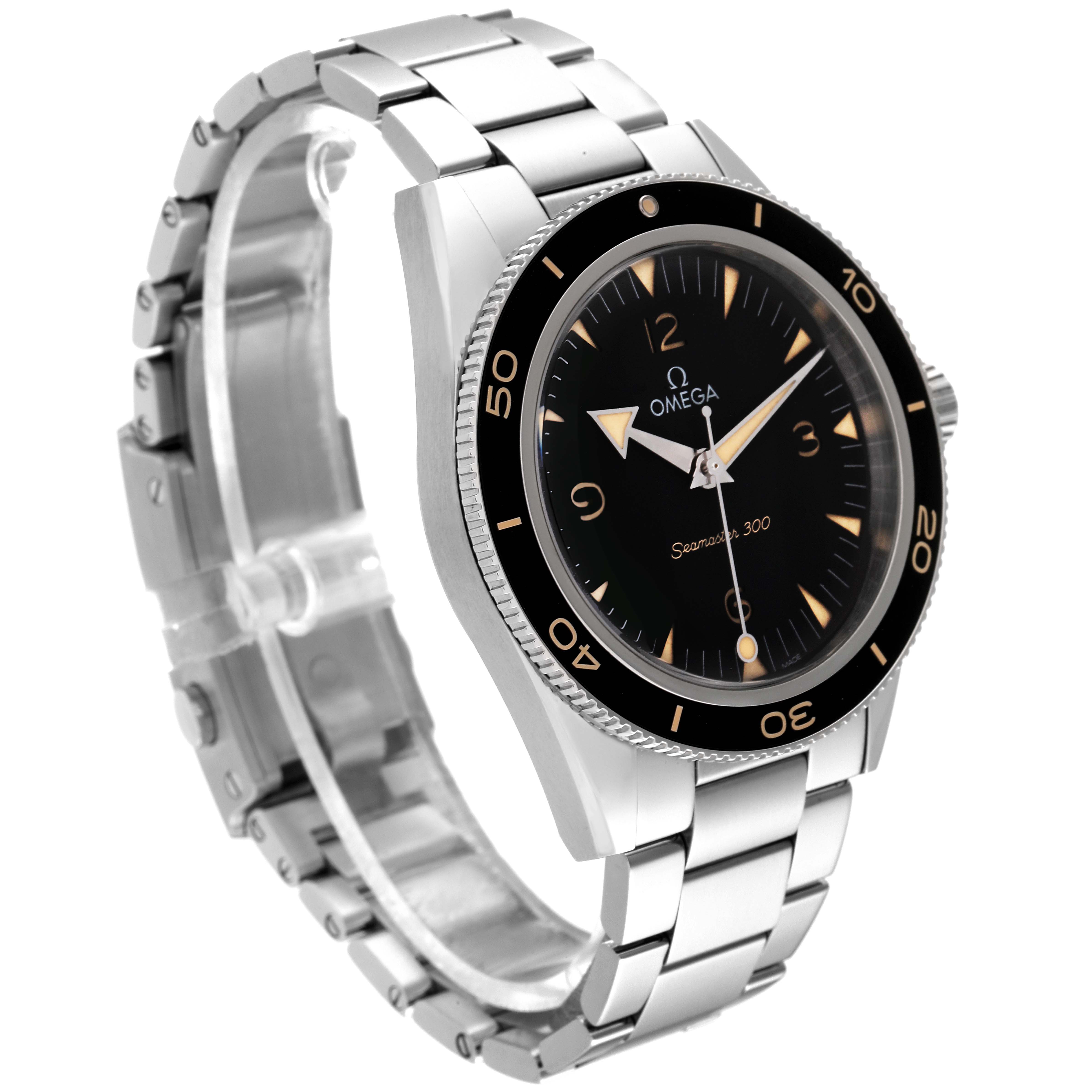 The image shows a side angle of the Omega Seamaster 234.30.41.21.01.001 Men's Stainless Steel Black Dial 234.30.41.21.01.001 Men's Stainless Steel Black Dial watch, highlighting its face, bezel, and metal bracelet.