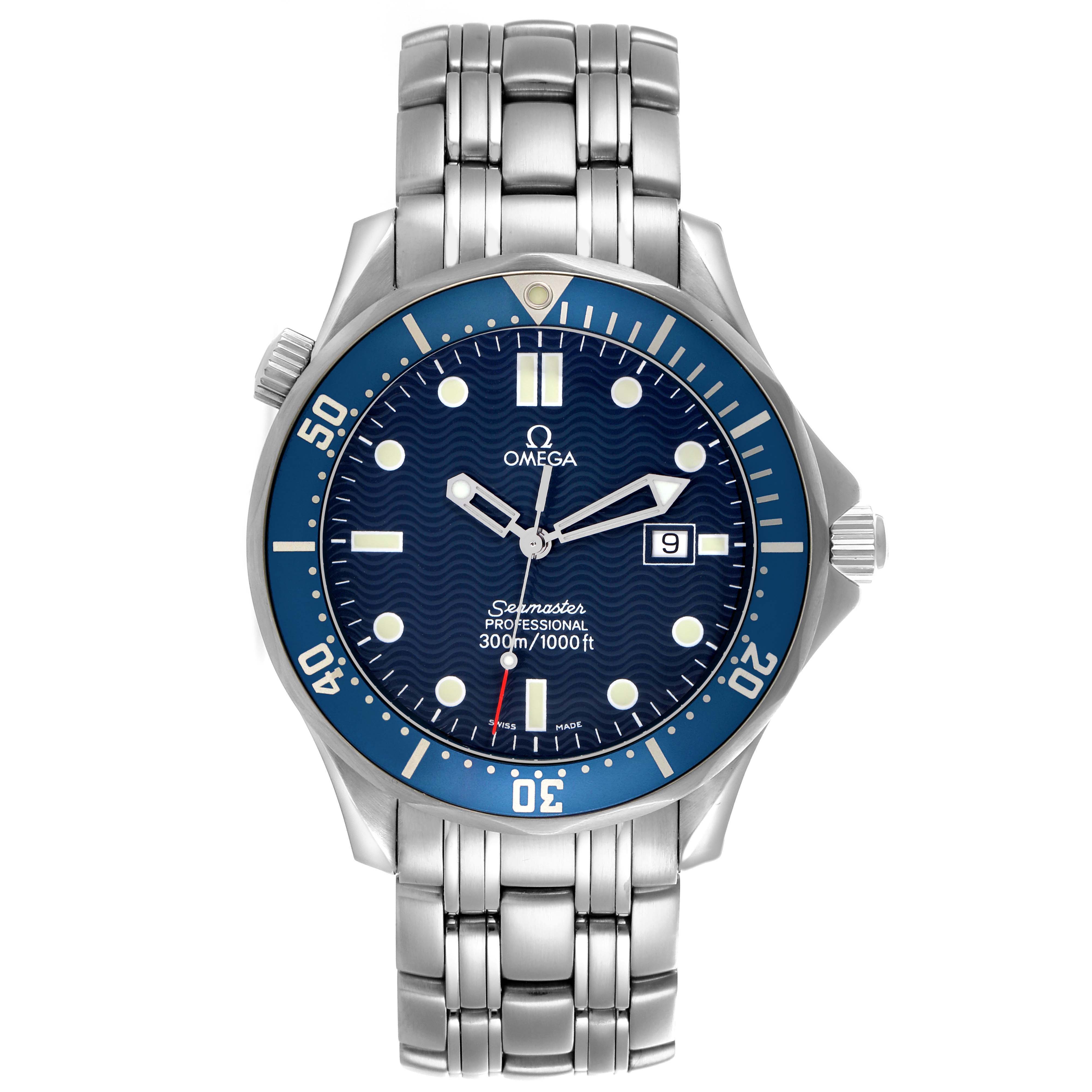 The Omega Seamaster 2541.80.00 Men
s Stainless Steel Blue Dial 2541.80.00 Men
s Stainless Steel Blue Dial watch is shown from a front angle, highlighting the dial, bezel, and stainless steel bracelet.