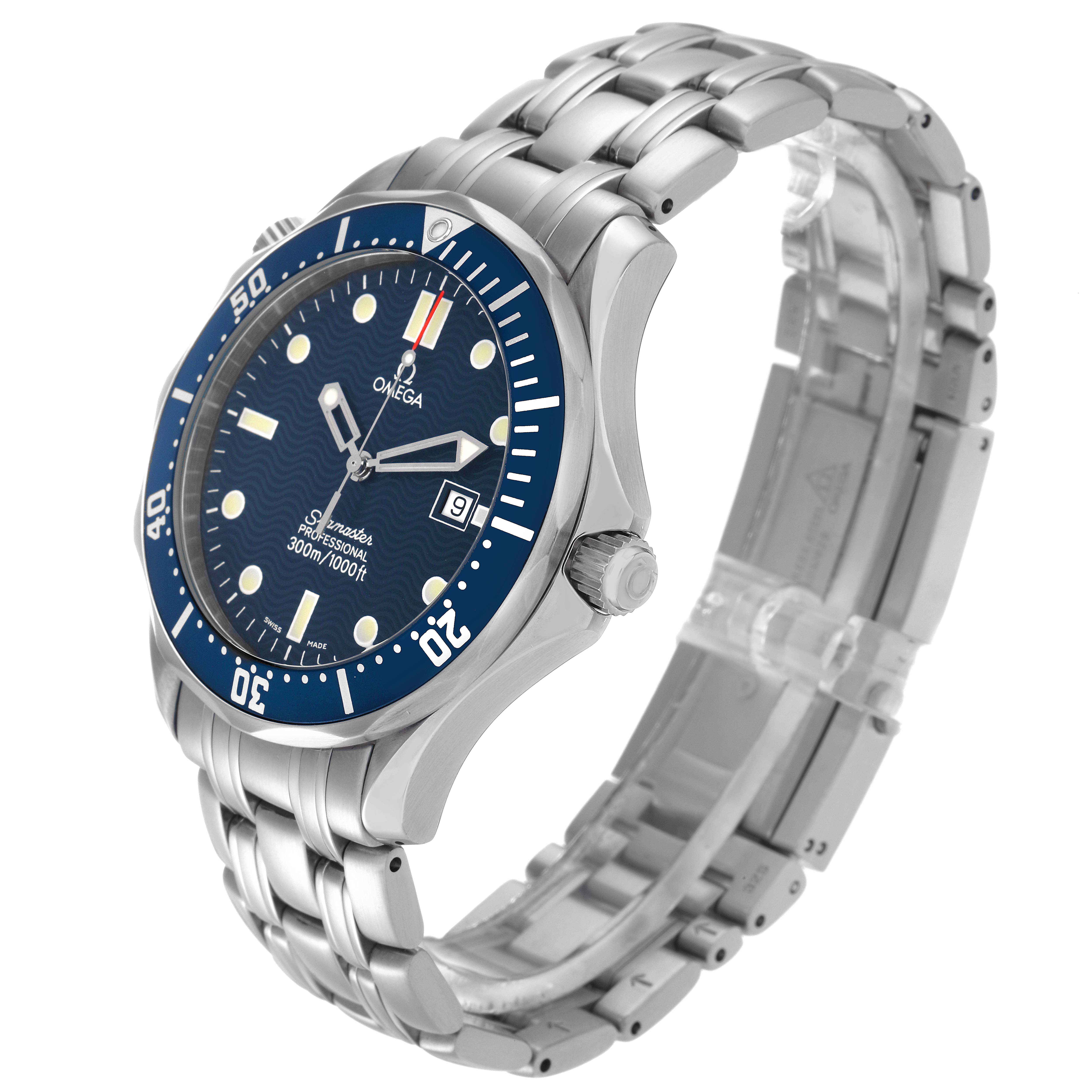 The Omega Seamaster 2541.80.00 Men
s Stainless Steel Blue Dial 2541.80.00 Men
s Stainless Steel Blue Dial watch is shown at a three-quarter angle, highlighting the dial, bezel, crown, and bracelet.