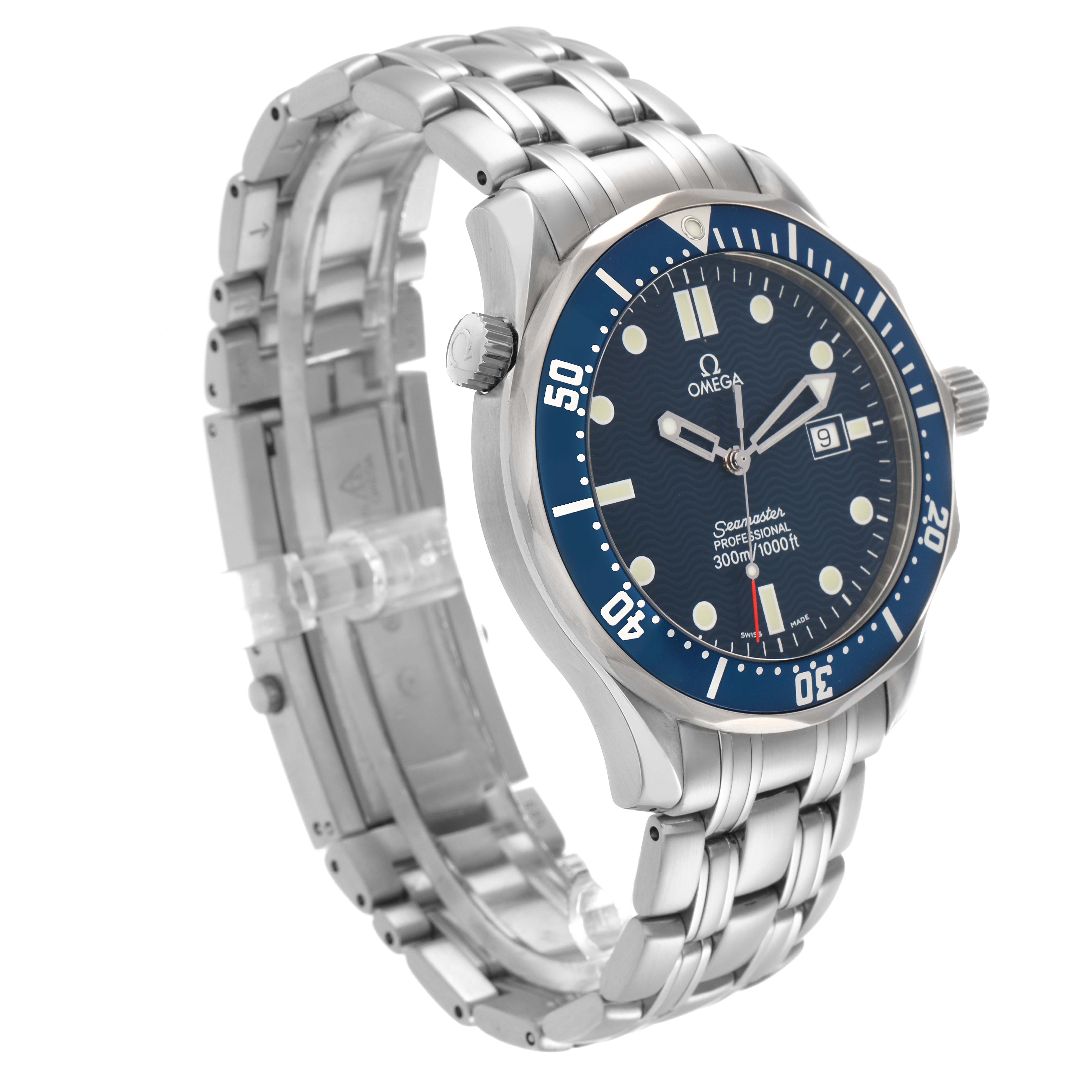 The Omega Seamaster 2541.80.00 Men
s Stainless Steel Blue Dial 2541.80.00 Men
s Stainless Steel Blue Dial watch is shown at an angled view highlighting the blue dial, bezel, and metal bracelet.