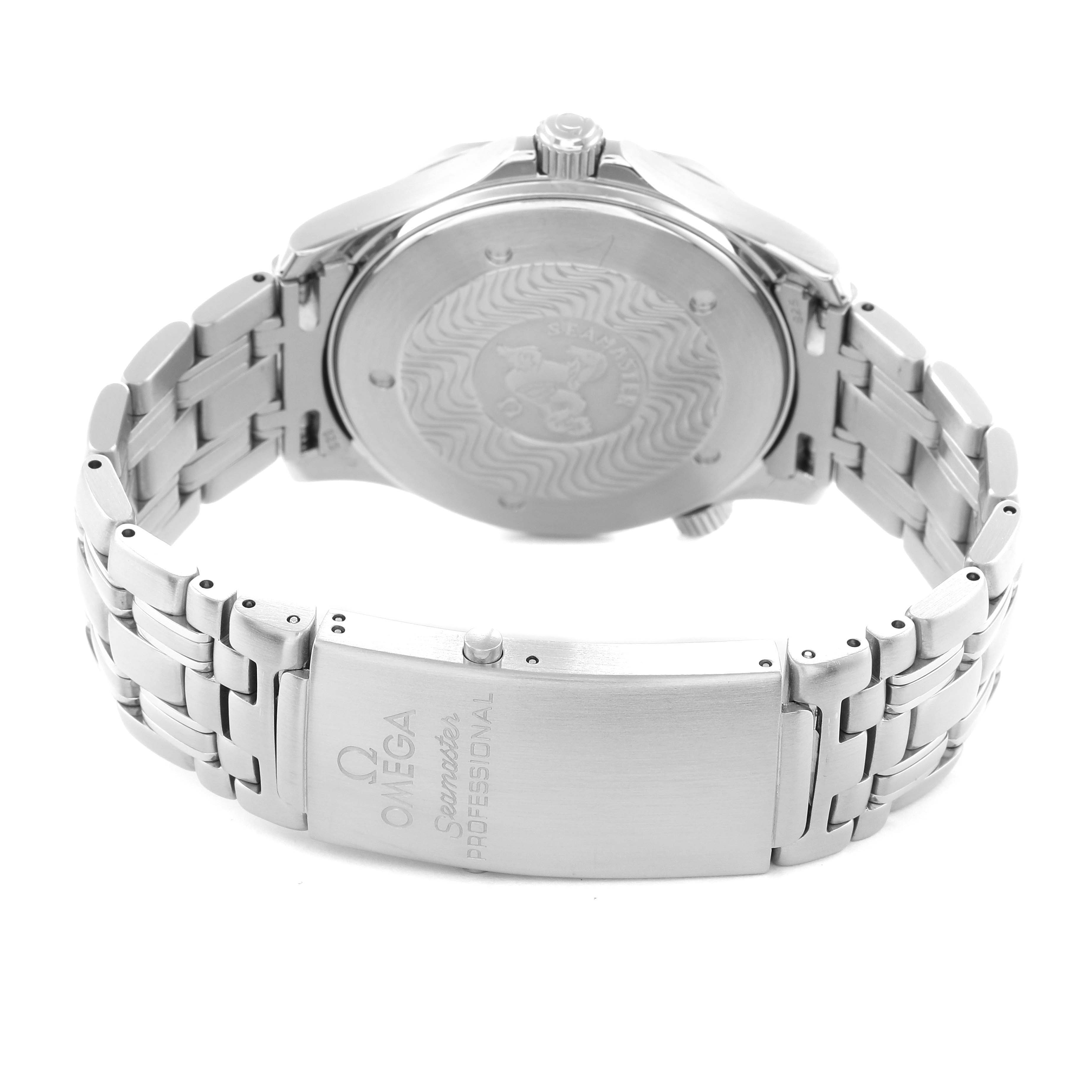 The image shows the back case and clasp of the Omega Seamaster 2541.80.00 Men
s Stainless Steel Blue Dial 2541.80.00 Men
s Stainless Steel Blue Dial watch from a rear angle.