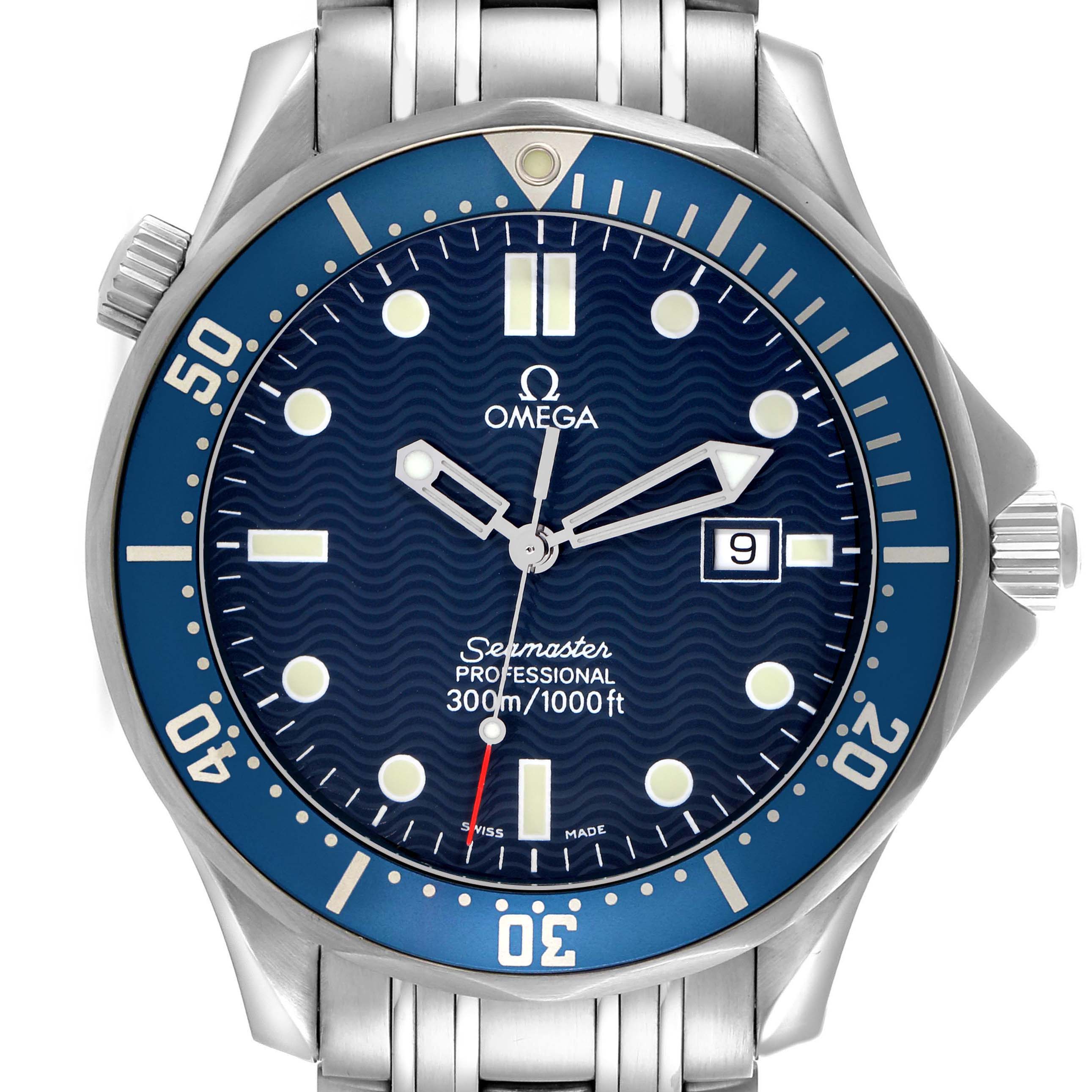 The Omega Seamaster 2541.80.00 Men
s Stainless Steel Blue Dial 2541.80.00 Men
s Stainless Steel Blue Dial watch is shown from the front, displaying the dial, hands, bezel, and part of the bracelet.