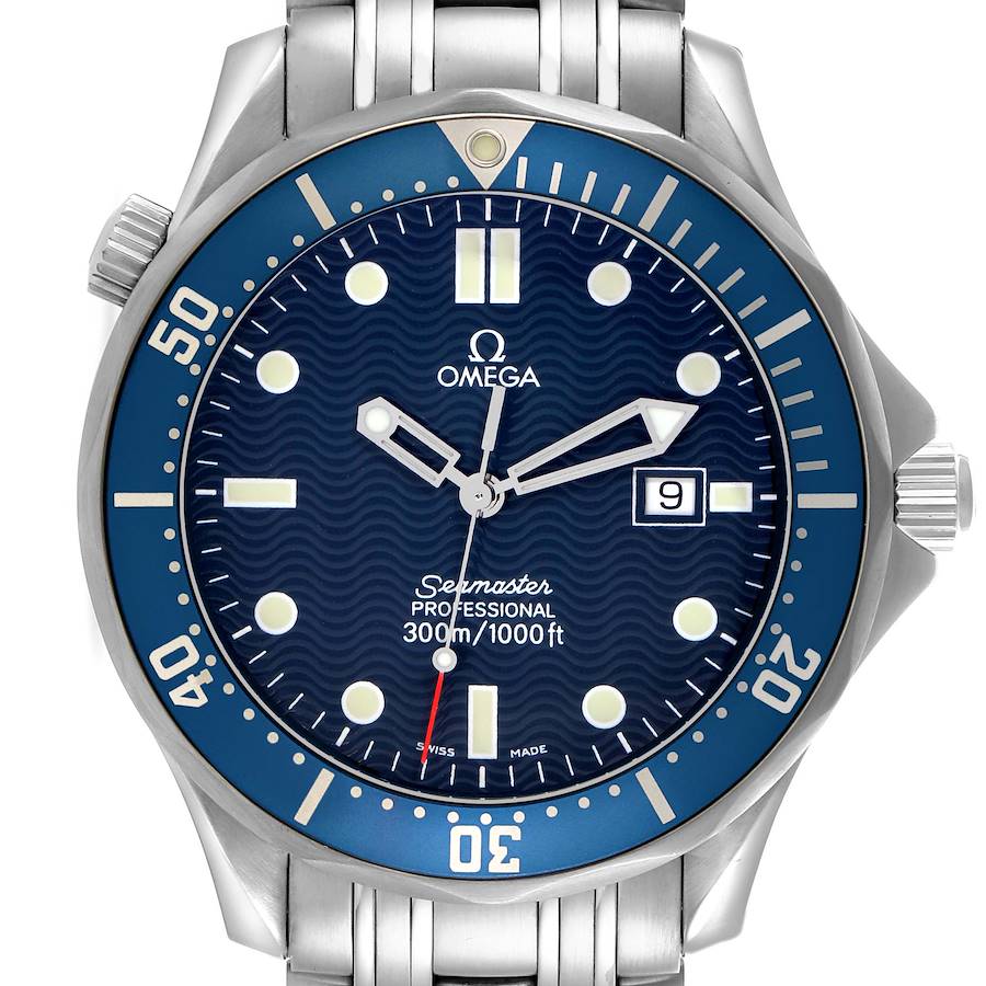 The Omega Seamaster watch is shown from the front, displaying the dial, hands, bezel, and part of the bracelet.