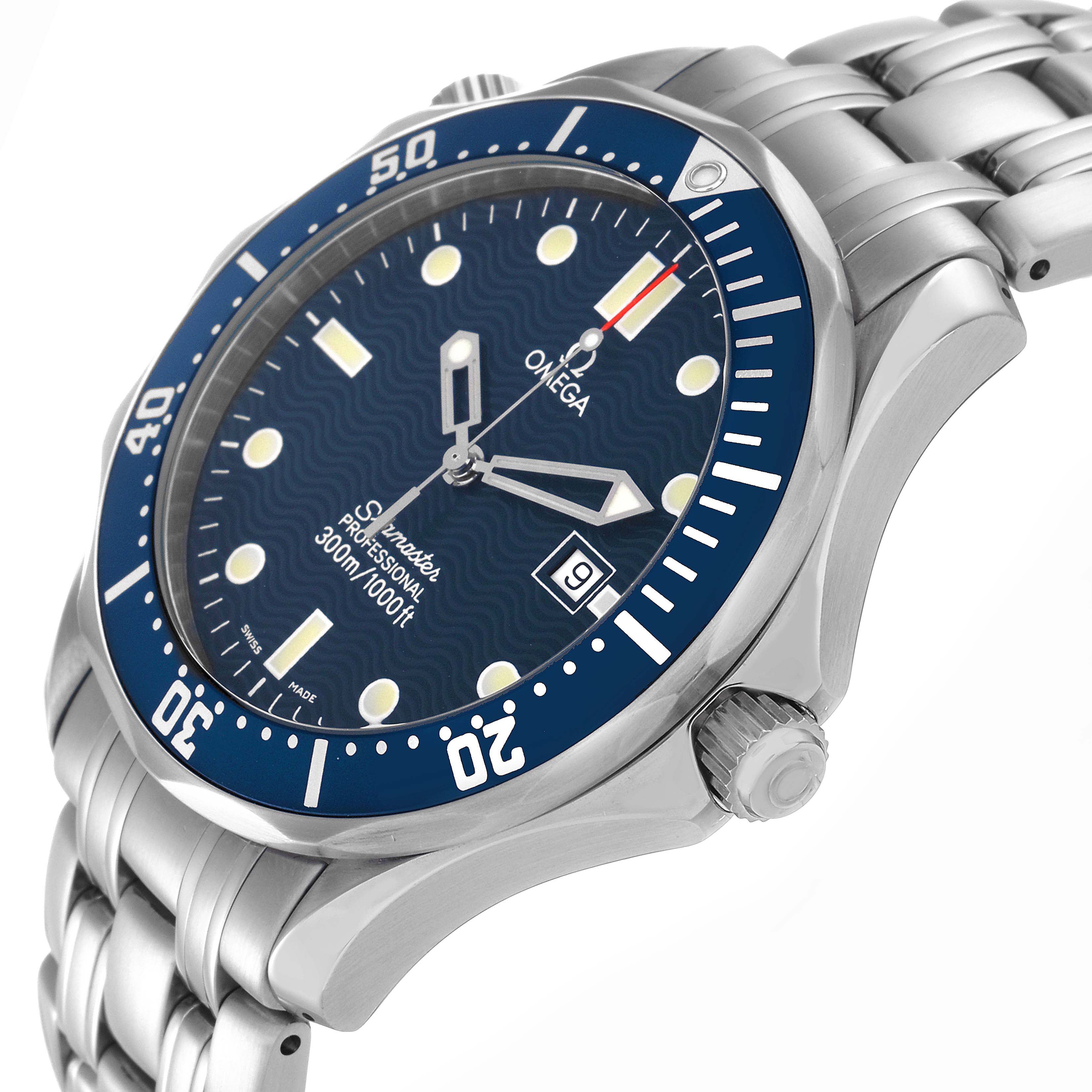 The Omega Seamaster 2541.80.00 Men
s Stainless Steel Blue Dial 2541.80.00 Men
s Stainless Steel Blue Dial watch is shown at an angled side view, highlighting its blue dial, bezel, crown, and metal bracelet.