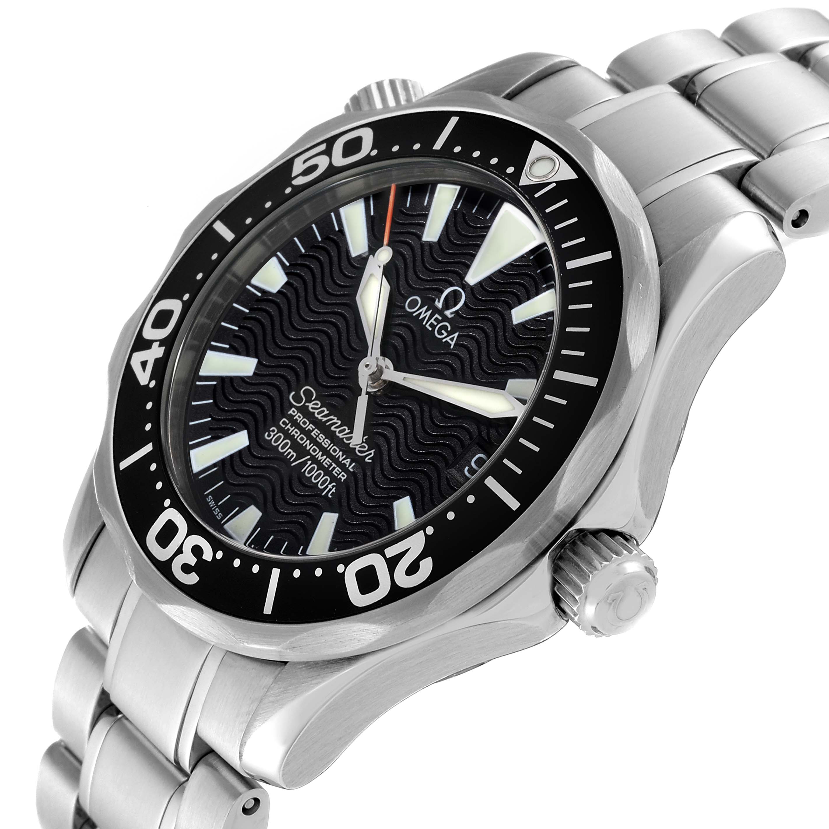The image shows the Omega Seamaster 2252.50.00 Men
s Stainless Steel Black Dial 2252.50.00 Men
s Stainless Steel Black Dial watch at an angled side view, revealing the face, bezel, crown, and part of the bracelet.