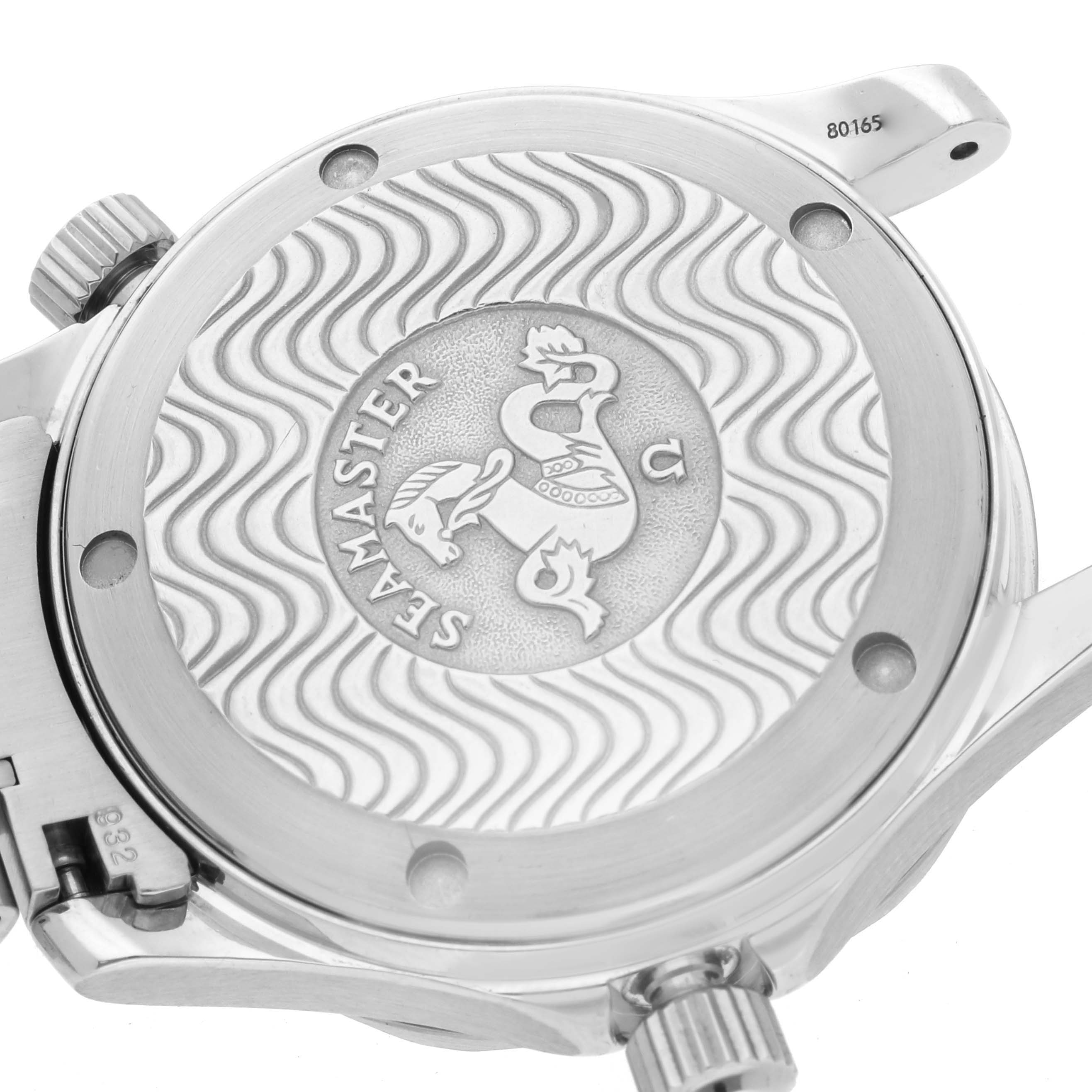 The image shows the back case of an Omega Seamaster 2252.50.00 Men
s Stainless Steel Black Dial 2252.50.00 Men
s Stainless Steel Black Dial watch, featuring the engraved design and crown.