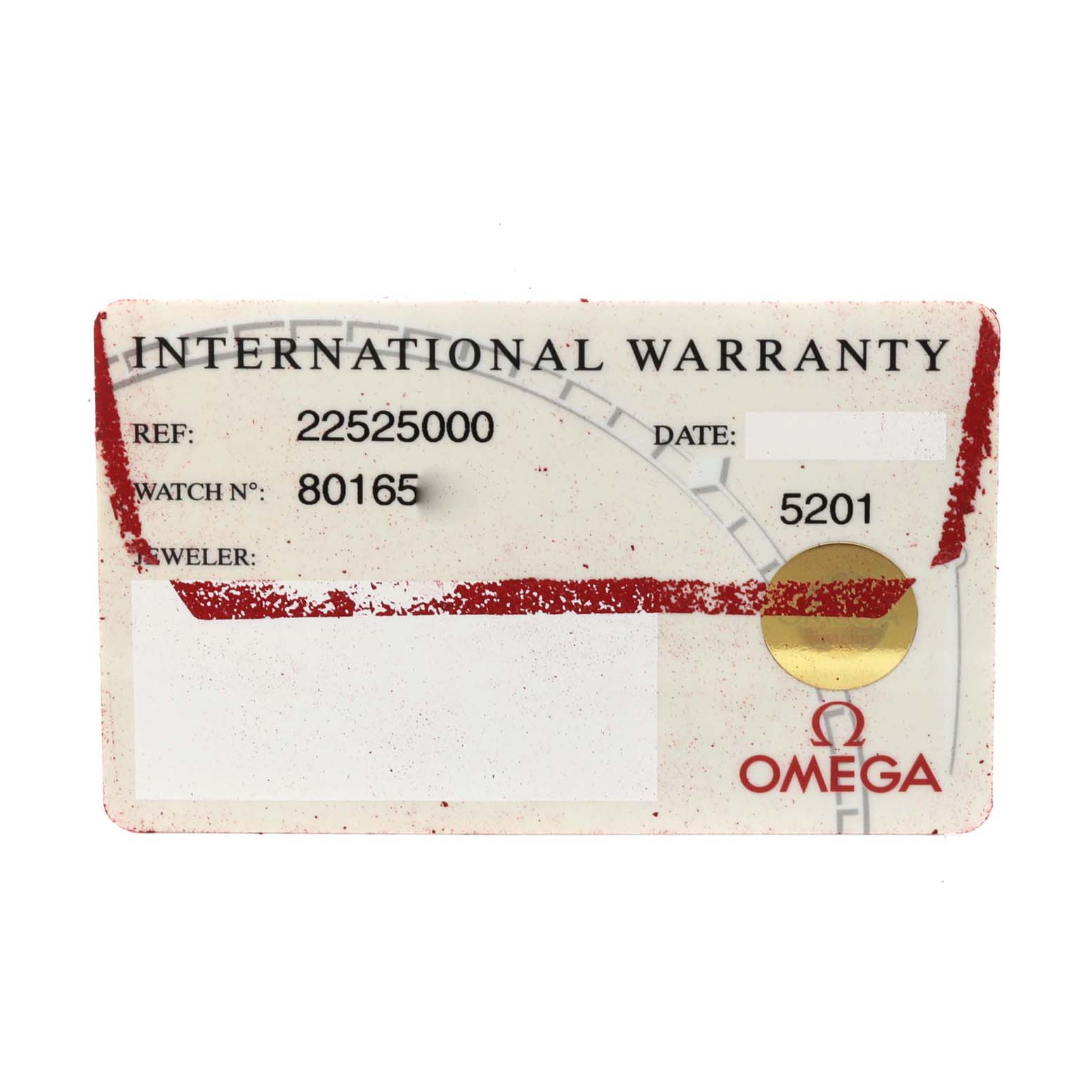 The image shows the international warranty card for an Omega Seamaster 2252.50.00 Men
s Stainless Steel Black Dial 2252.50.00 Men
s Stainless Steel Black Dial watch, displaying reference and watch numbers.