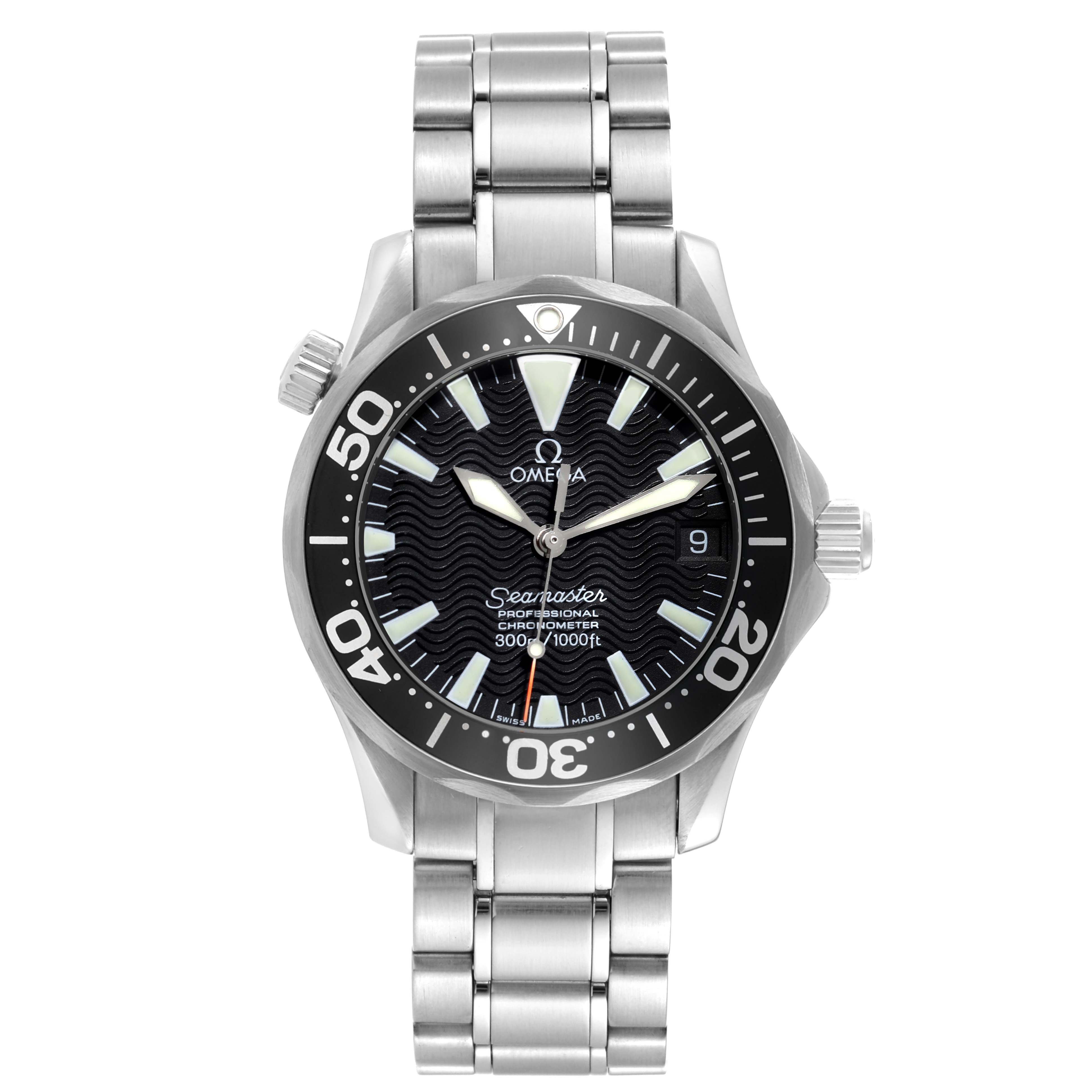 The image shows a front view of the Omega Seamaster 2252.50.00 Men
s Stainless Steel Black Dial 2252.50.00 Men
s Stainless Steel Black Dial watch, displaying the dial, bezel, and stainless steel bracelet.