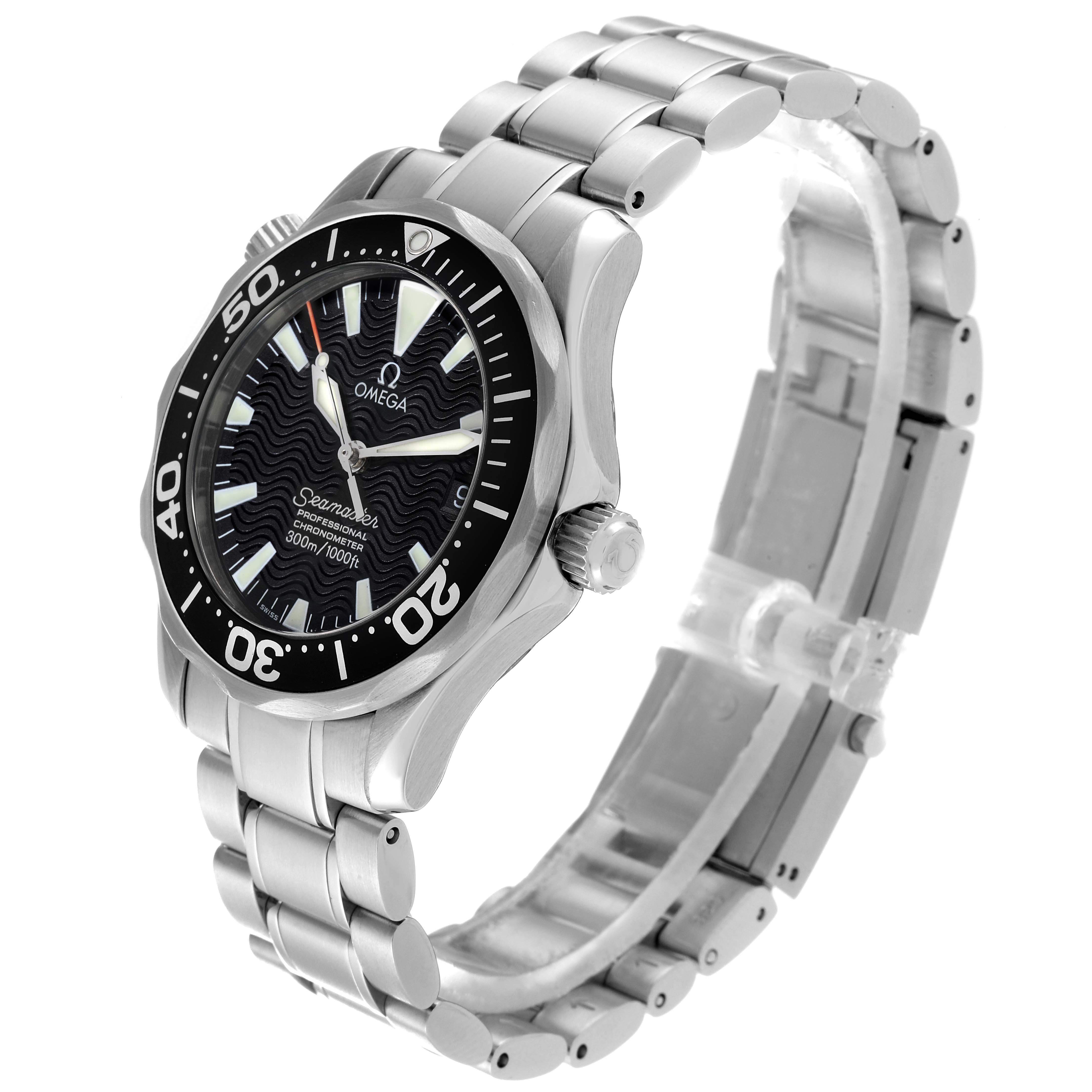 The Omega Seamaster 2252.50.00 Men
s Stainless Steel Black Dial 2252.50.00 Men
s Stainless Steel Black Dial watch is shown at a slight angle, highlighting the dial, bezel, crown, and stainless steel bracelet.