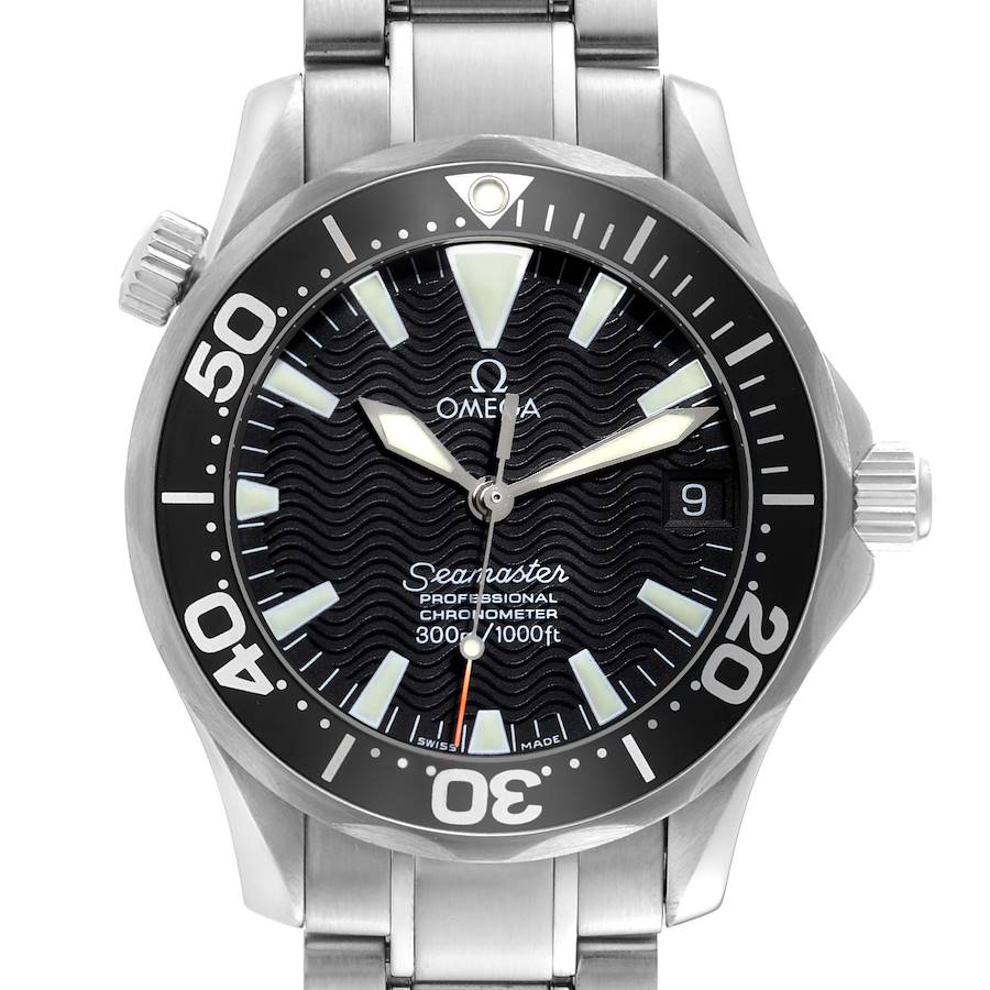 This image shows a frontal view of the Omega Seamaster watch, highlighting the dial, bezel, crown, and part of the bracelet.