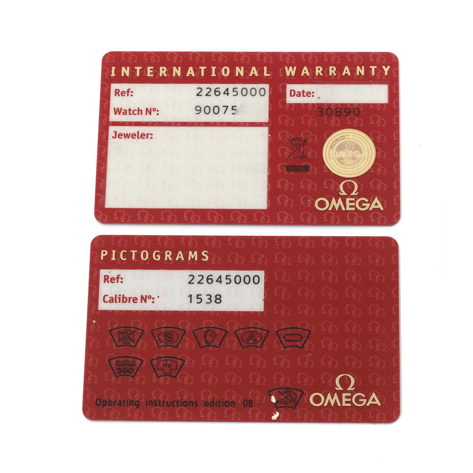 The image shows the International Warranty and Pictograms cards for the Omega Seamaster 2264.50.00 Men
s Stainless Steel Black Dial 2264.50.00 Men
s Stainless Steel Black Dial model.