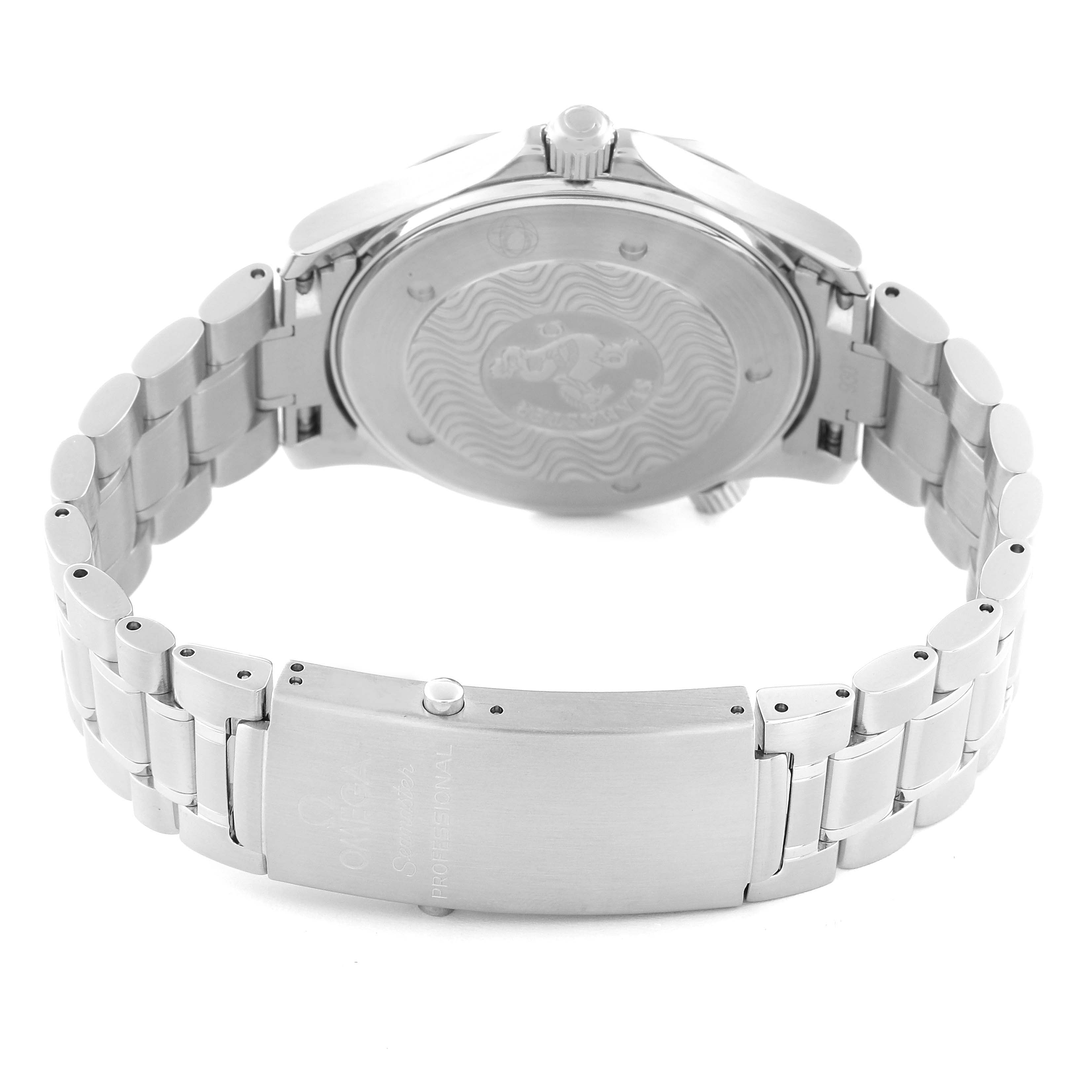 The image shows the back case and bracelet clasp of an Omega Seamaster 2264.50.00 Men
s Stainless Steel Black Dial 2264.50.00 Men
s Stainless Steel Black Dial watch viewed from an angle.