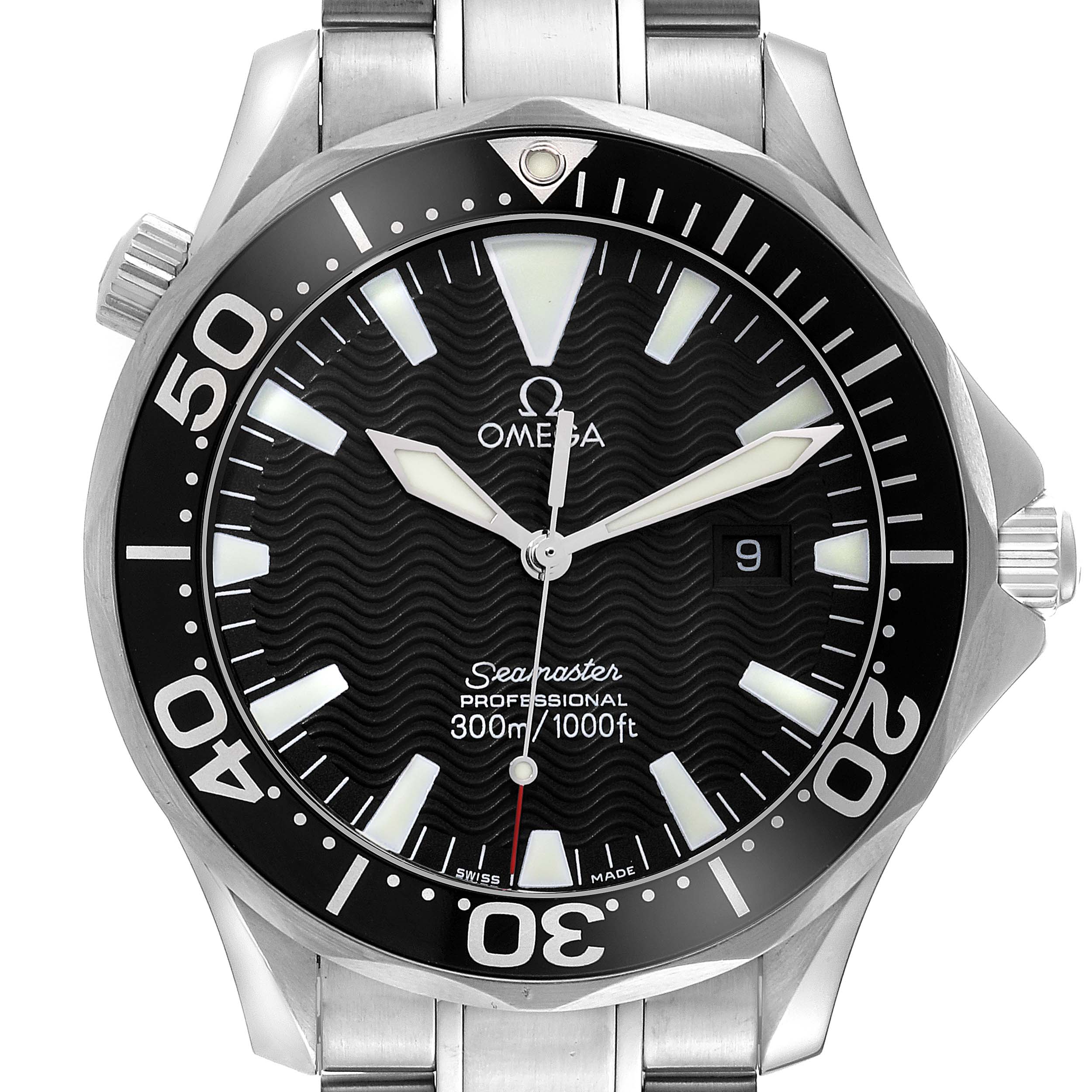 The Omega Seamaster 2264.50.00 Men
s Stainless Steel Black Dial 2264.50.00 Men
s Stainless Steel Black Dial watch is shown from a front angle, highlighting the dial, bezel, and part of the bracelet.