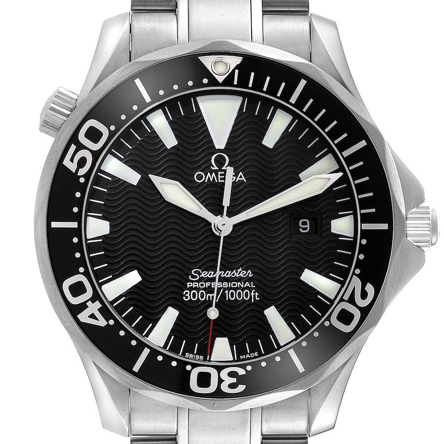 The Omega Seamaster watch is shown from a front angle, highlighting the dial, bezel, and part of the bracelet.