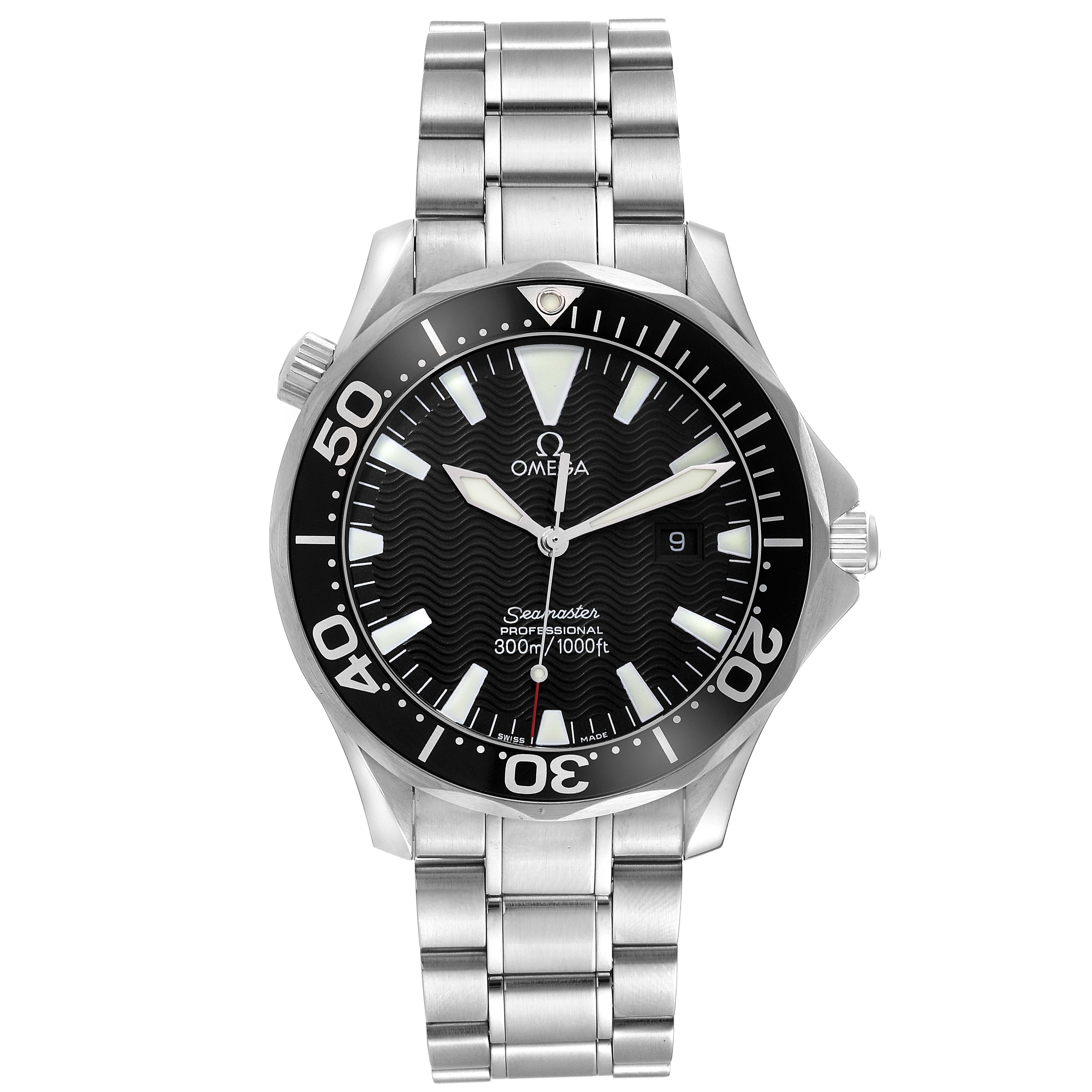 The image shows a full frontal view of an Omega Seamaster 2264.50.00 Men
s Stainless Steel Black Dial 2264.50.00 Men
s Stainless Steel Black Dial watch, displaying the face, bezel, and metal bracelet.