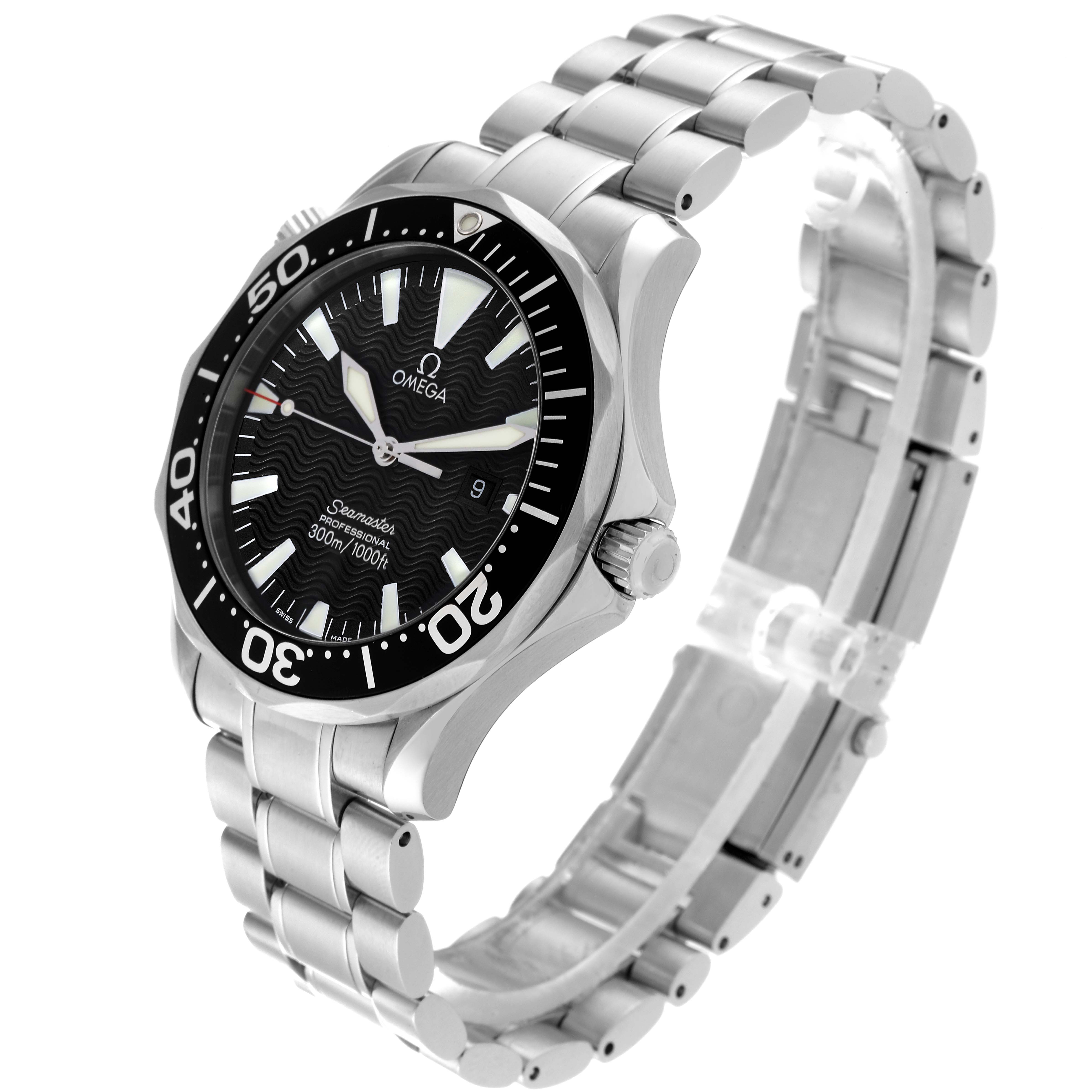 The Omega Seamaster 2264.50.00 Men
s Stainless Steel Black Dial 2264.50.00 Men
s Stainless Steel Black Dial watch is shown at an angled side view, highlighting the face, bezel, and stainless steel bracelet.