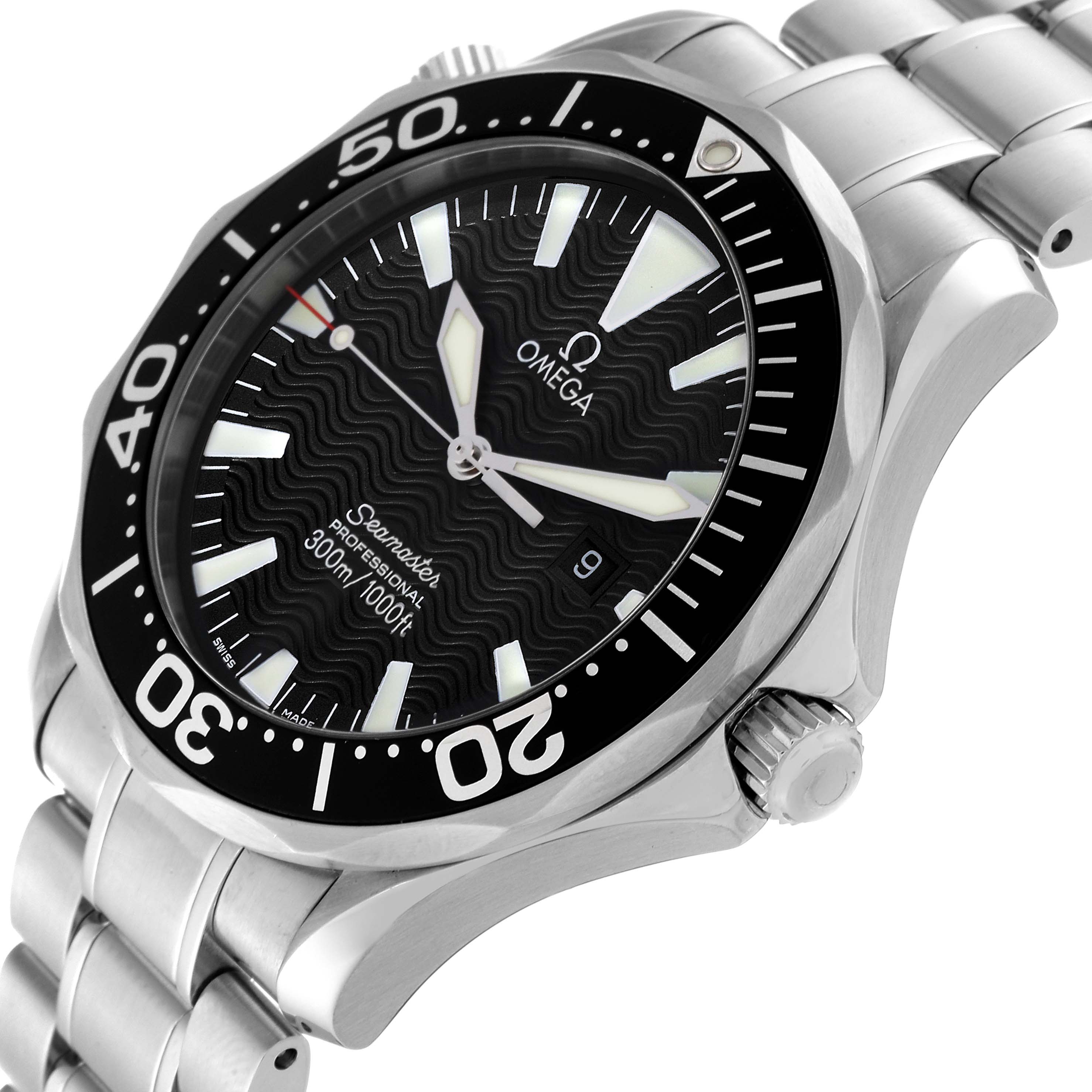 The Omega Seamaster 2264.50.00 Men
s Stainless Steel Black Dial 2264.50.00 Men
s Stainless Steel Black Dial watch is shown at a close-up angle, featuring the face, bezel, crown, and part of the bracelet.