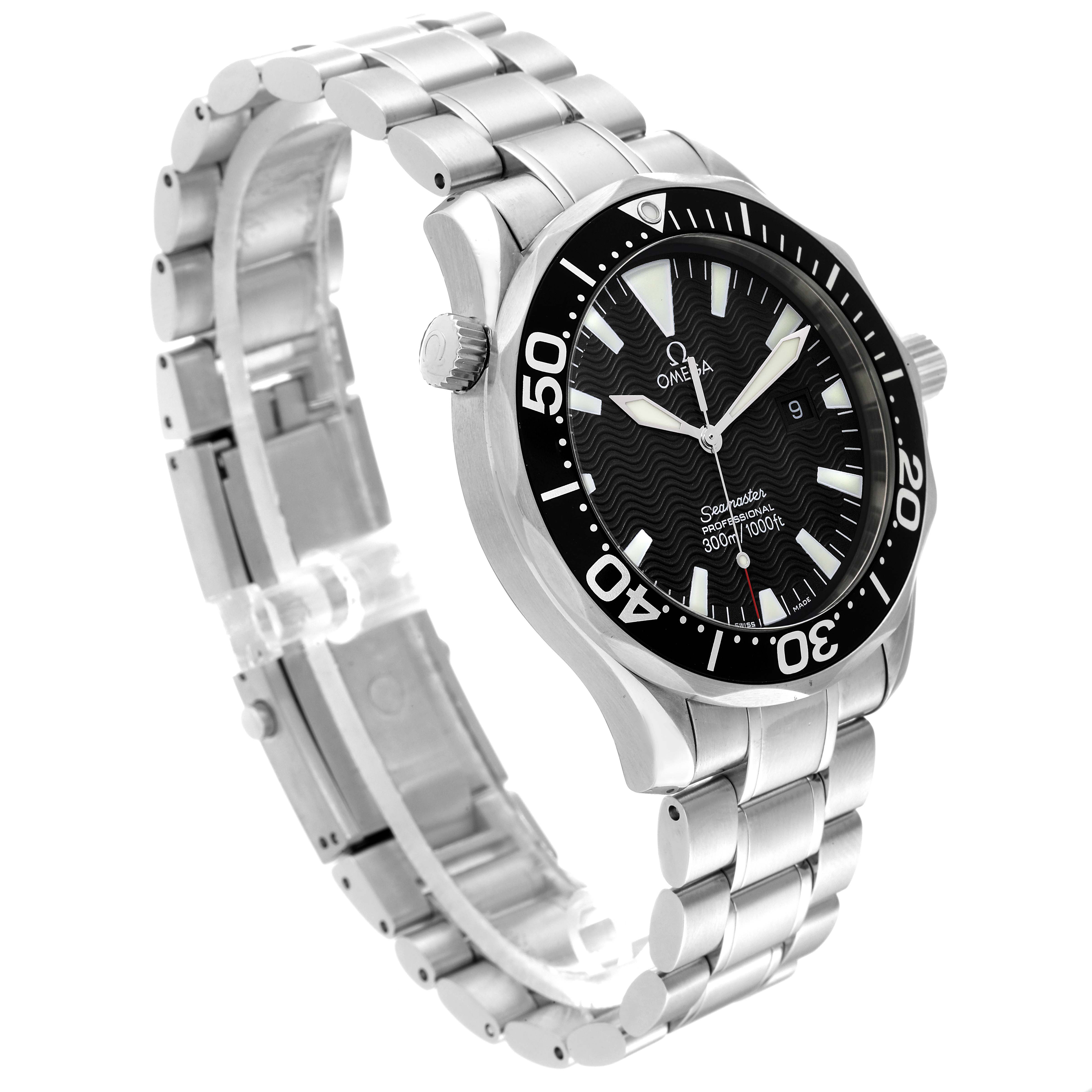 The Omega Seamaster 2264.50.00 Men
s Stainless Steel Black Dial 2264.50.00 Men
s Stainless Steel Black Dial watch is shown from an angled side view, displaying its bezel, dial, crown, and stainless steel bracelet.