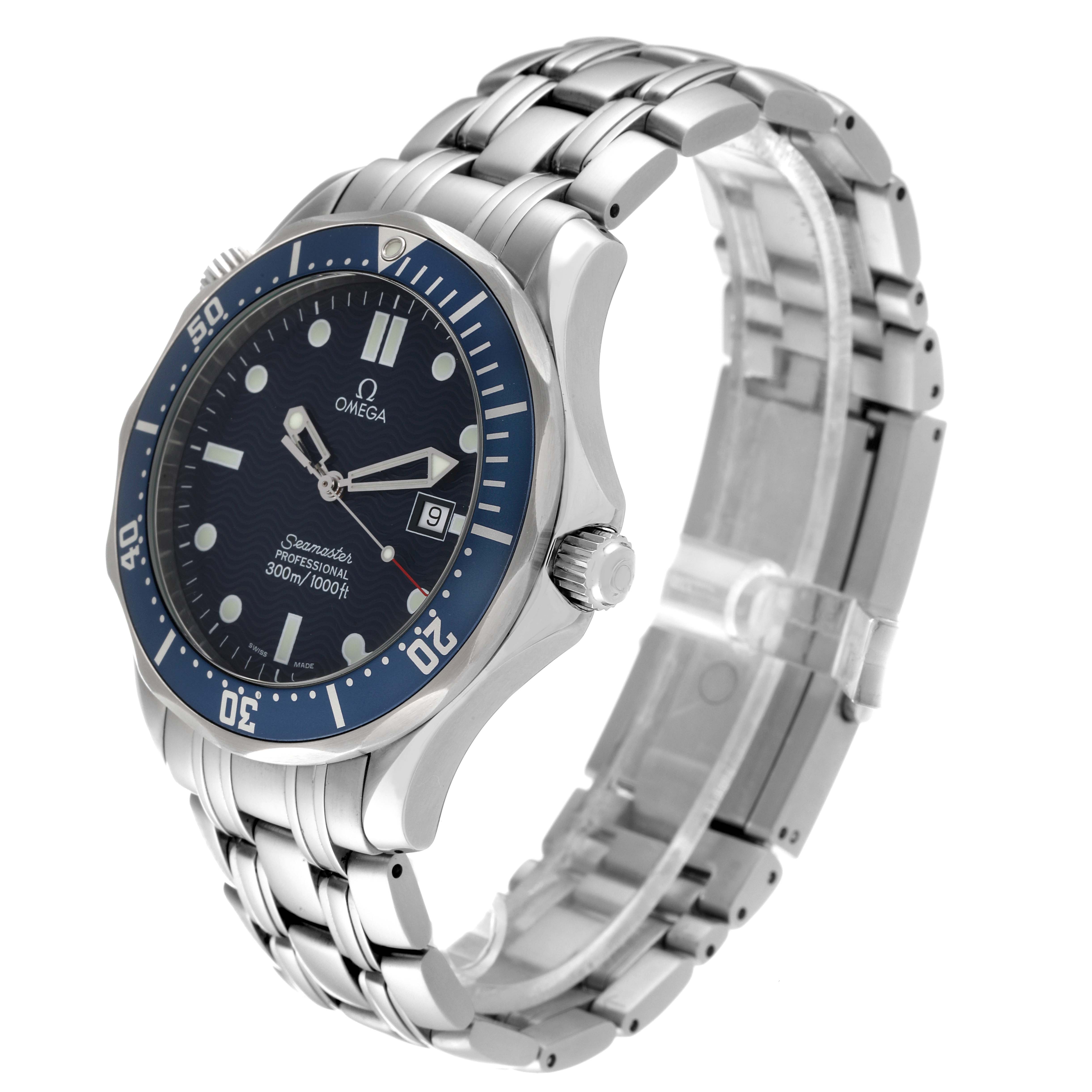 The image shows the Omega Seamaster 2541.80.00 Men's Stainless Steel Blue Dial 2541.80.00 Men's Stainless Steel Blue Dial watch at a three-quarter angle, highlighting its face, bezel, crown, and bracelet.