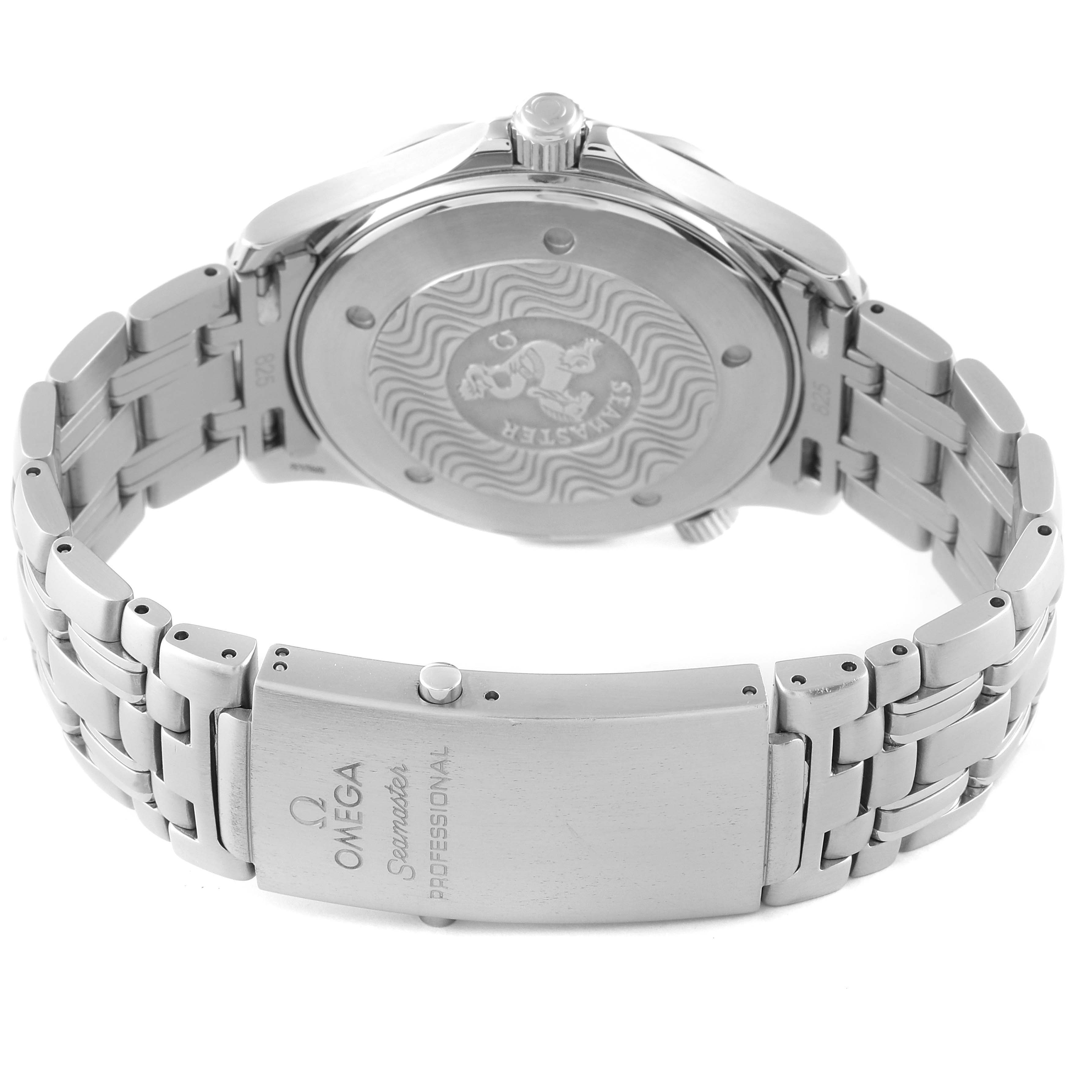 The image shows the back view of an Omega Seamaster 2541.80.00 Men's Stainless Steel Blue Dial 2541.80.00 Men's Stainless Steel Blue Dial watch, highlighting its case back and clasp.