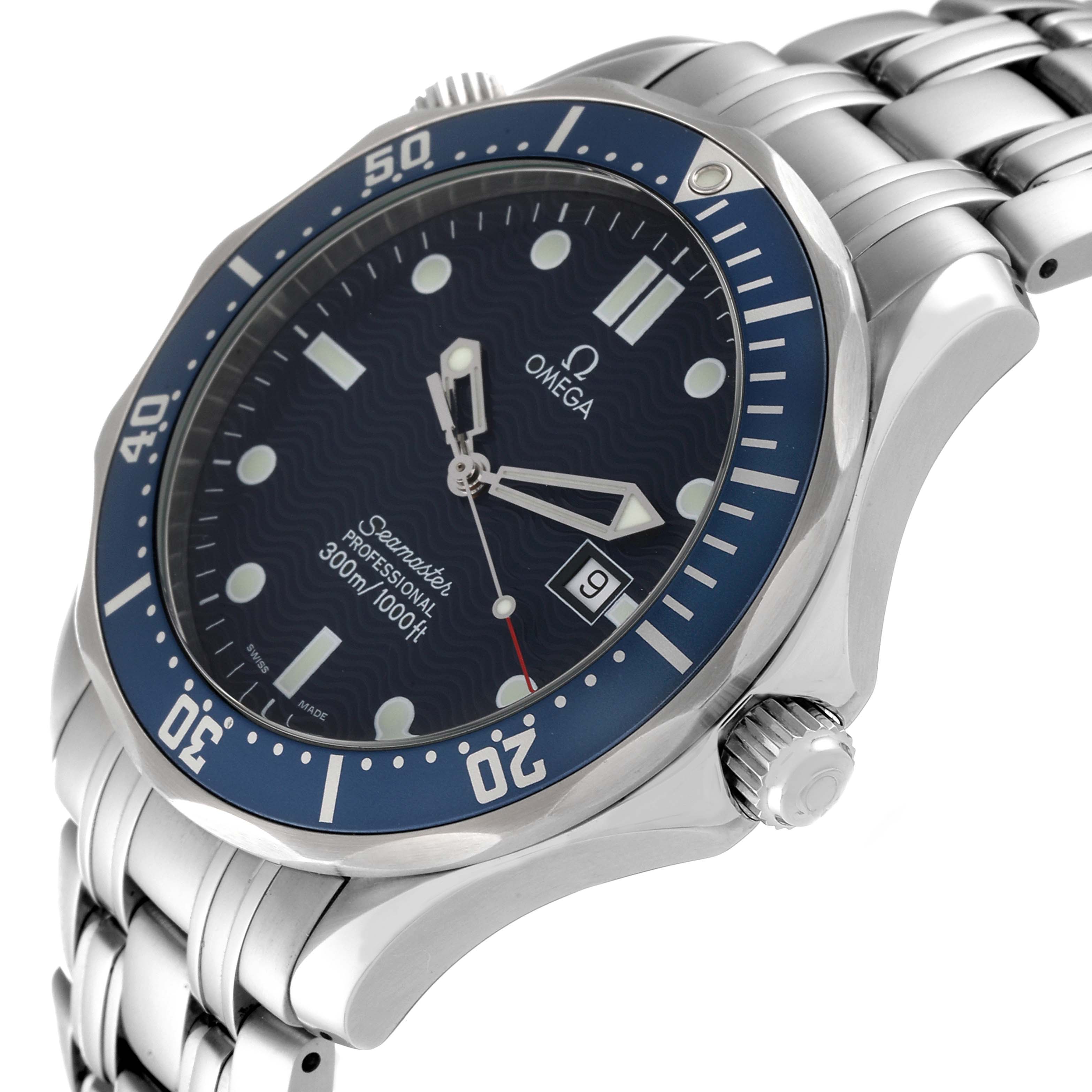 This image shows a close-up of an Omega Seamaster 2541.80.00 Men's Stainless Steel Blue Dial 2541.80.00 Men's Stainless Steel Blue Dial watch, displaying its face, bezel, crown, and bracelet from an angled perspective.