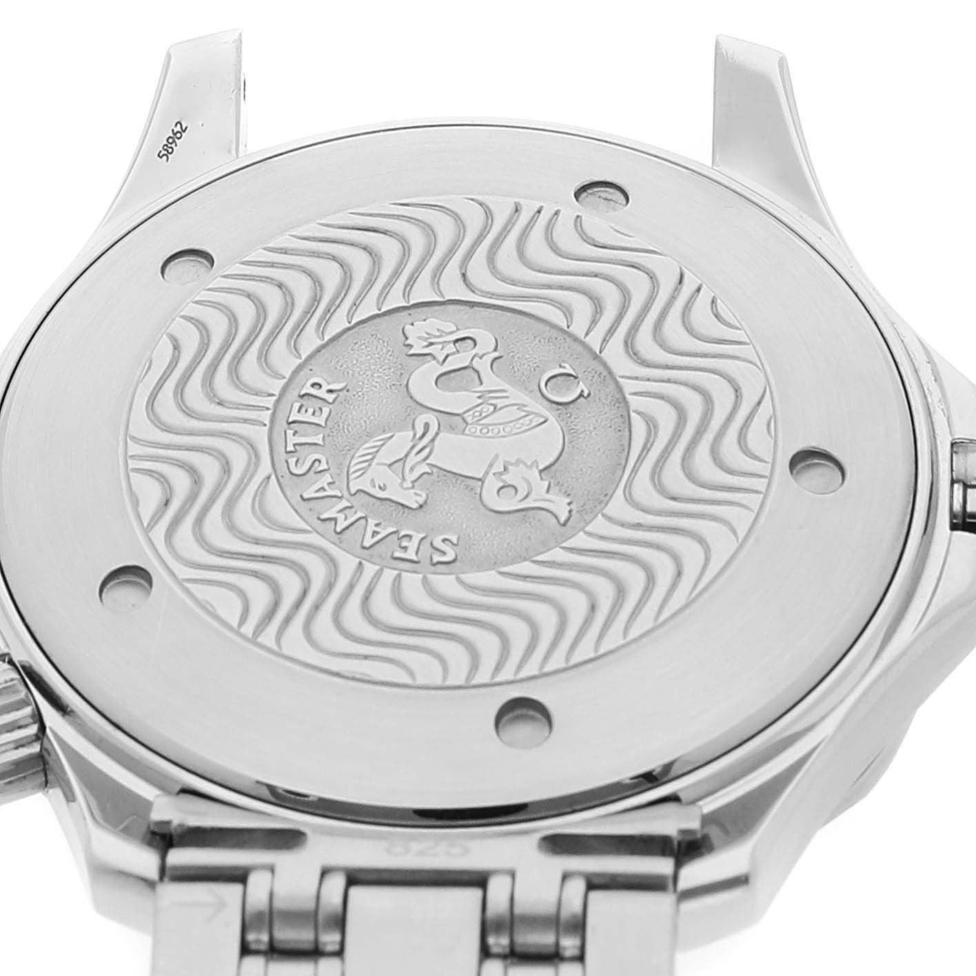 The image shows the case back of an Omega Seamaster 2541.80.00 Men's Stainless Steel Blue Dial 2541.80.00 Men's Stainless Steel Blue Dial watch with its engraved emblem and wave pattern.