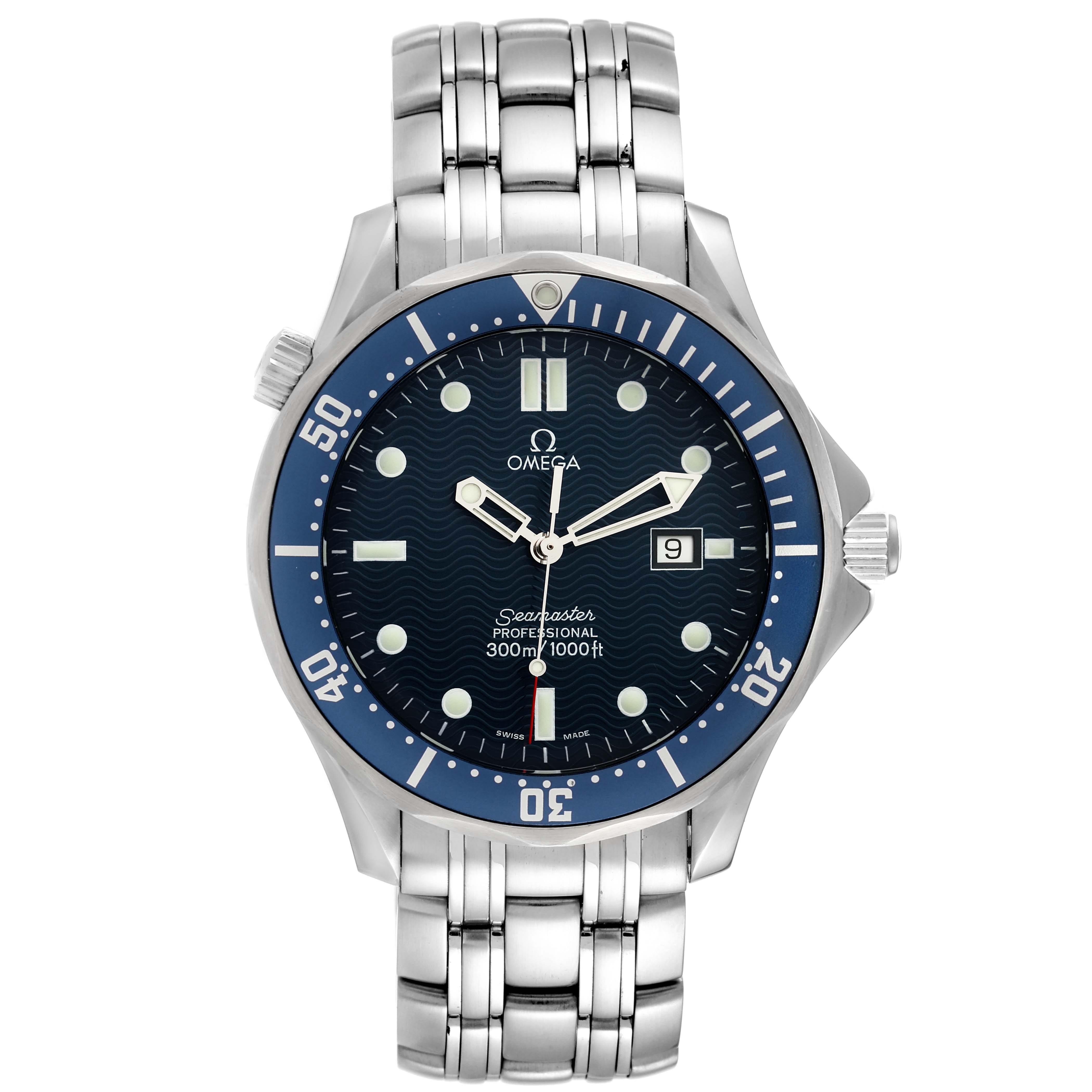 The image shows a front view of the Omega Seamaster 2541.80.00 Men's Stainless Steel Blue Dial 2541.80.00 Men's Stainless Steel Blue Dial watch, displaying its dial, bezel, case, and bracelet.