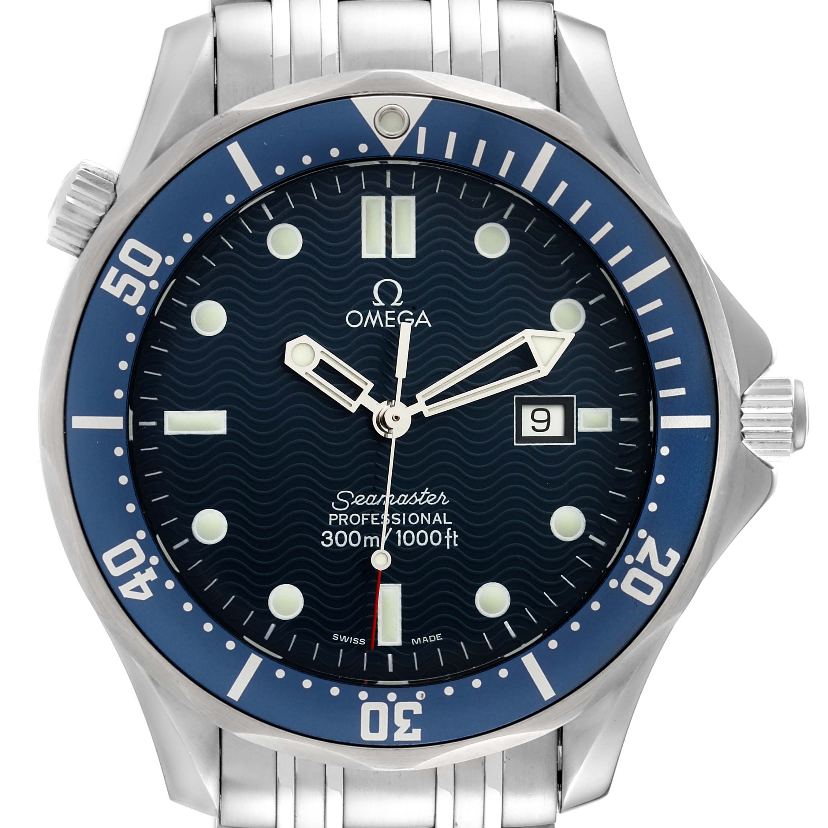 This image shows a front view of the Omega Seamaster 2541.80.00 Men's Stainless Steel Blue Dial 2541.80.00 Men's Stainless Steel Blue Dial watch, highlighting the dial, bezel, and part of the bracelet.