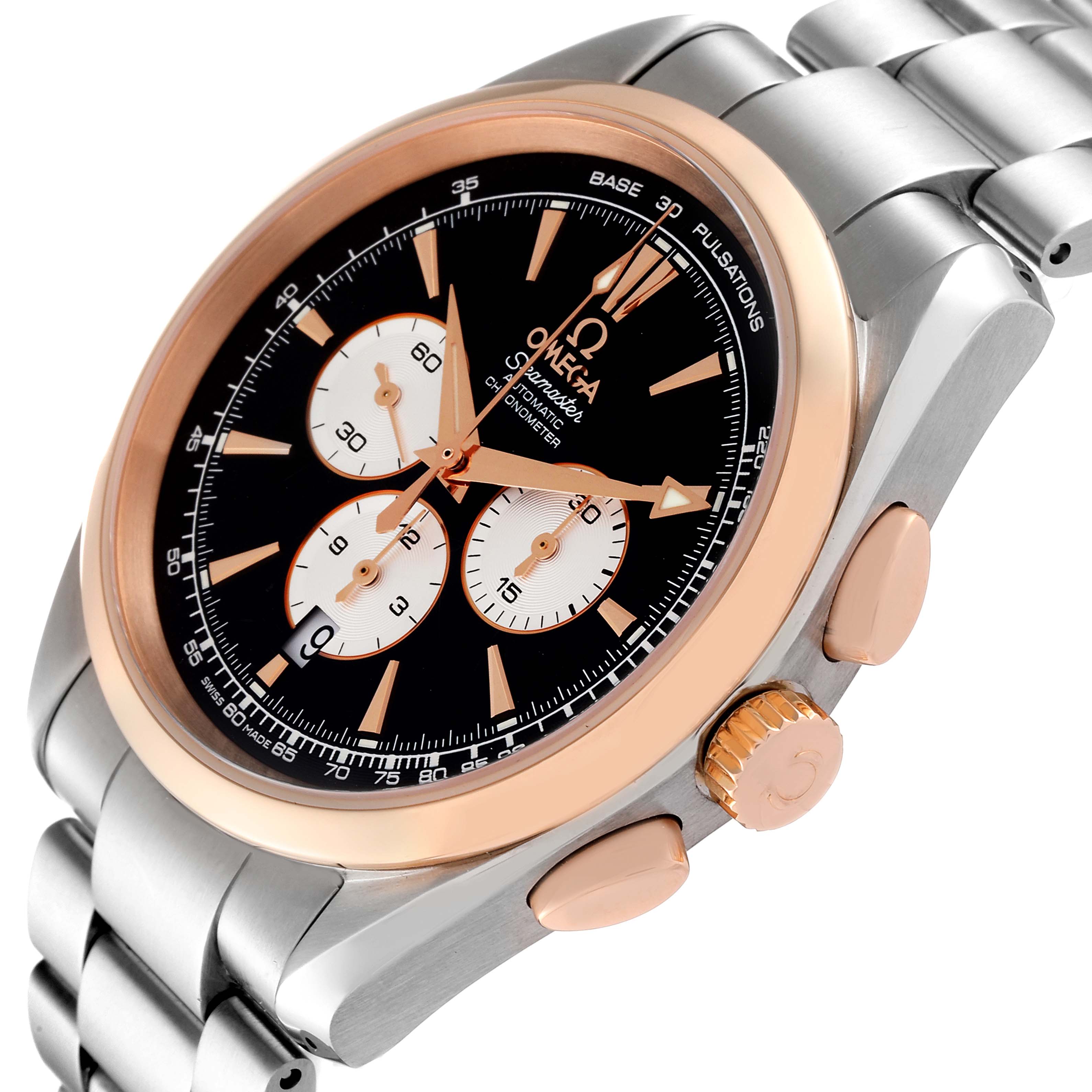 The Omega Aqua Terra 221.20.42.40.01.002 Men's Steel and Gold (two tone) Black Dial 221.20.42.40.01.002 Men's Steel and Gold (two tone) Black Dial watch is shown at a slight angle from the top, highlighting its dial, bezel, and strap.