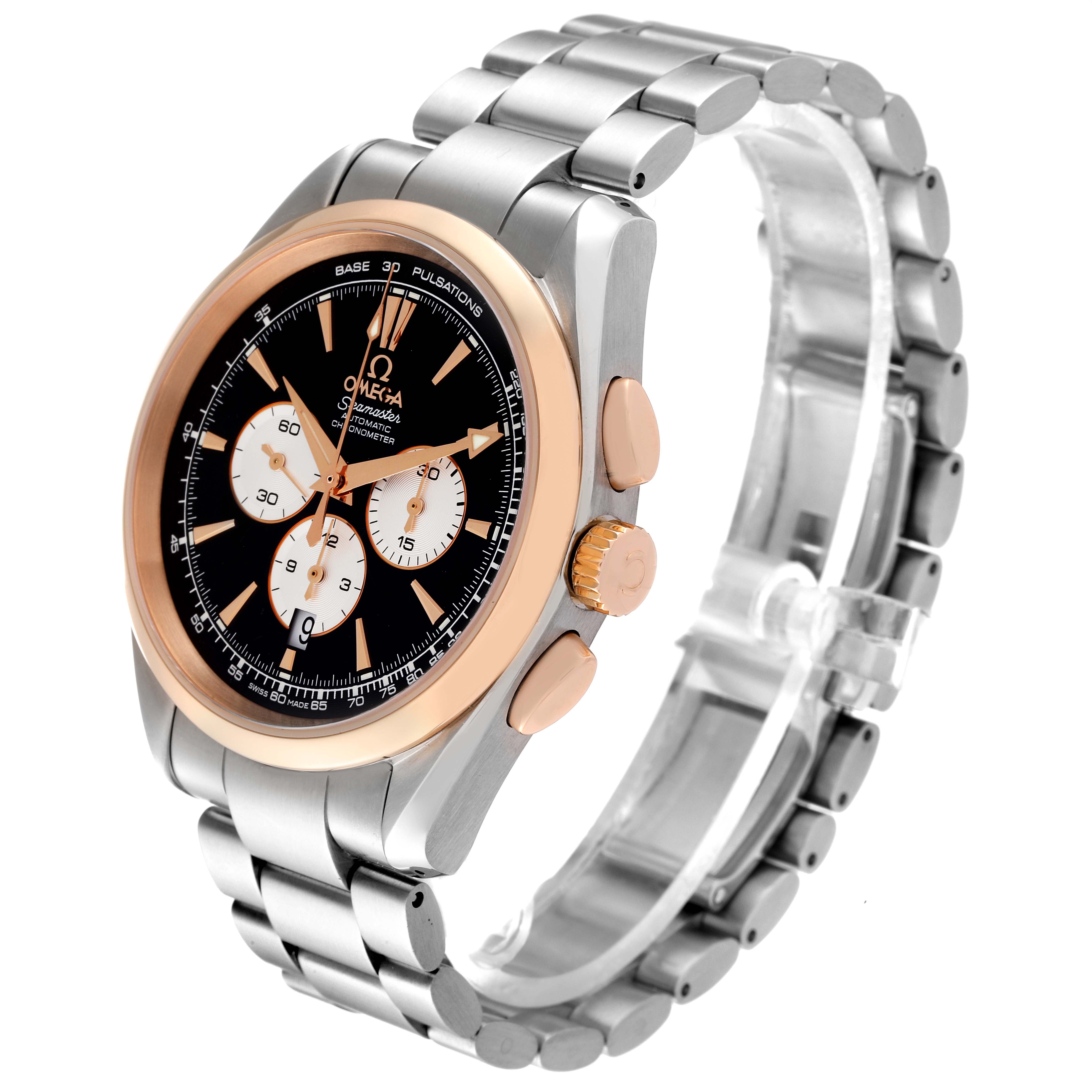 The image shows an Omega Aqua Terra 221.20.42.40.01.002 Men's Steel and Gold (two tone) Black Dial 221.20.42.40.01.002 Men's Steel and Gold (two tone) Black Dial watch from an oblique front angle, highlighting the face, bezel, and stainless steel bracelet.