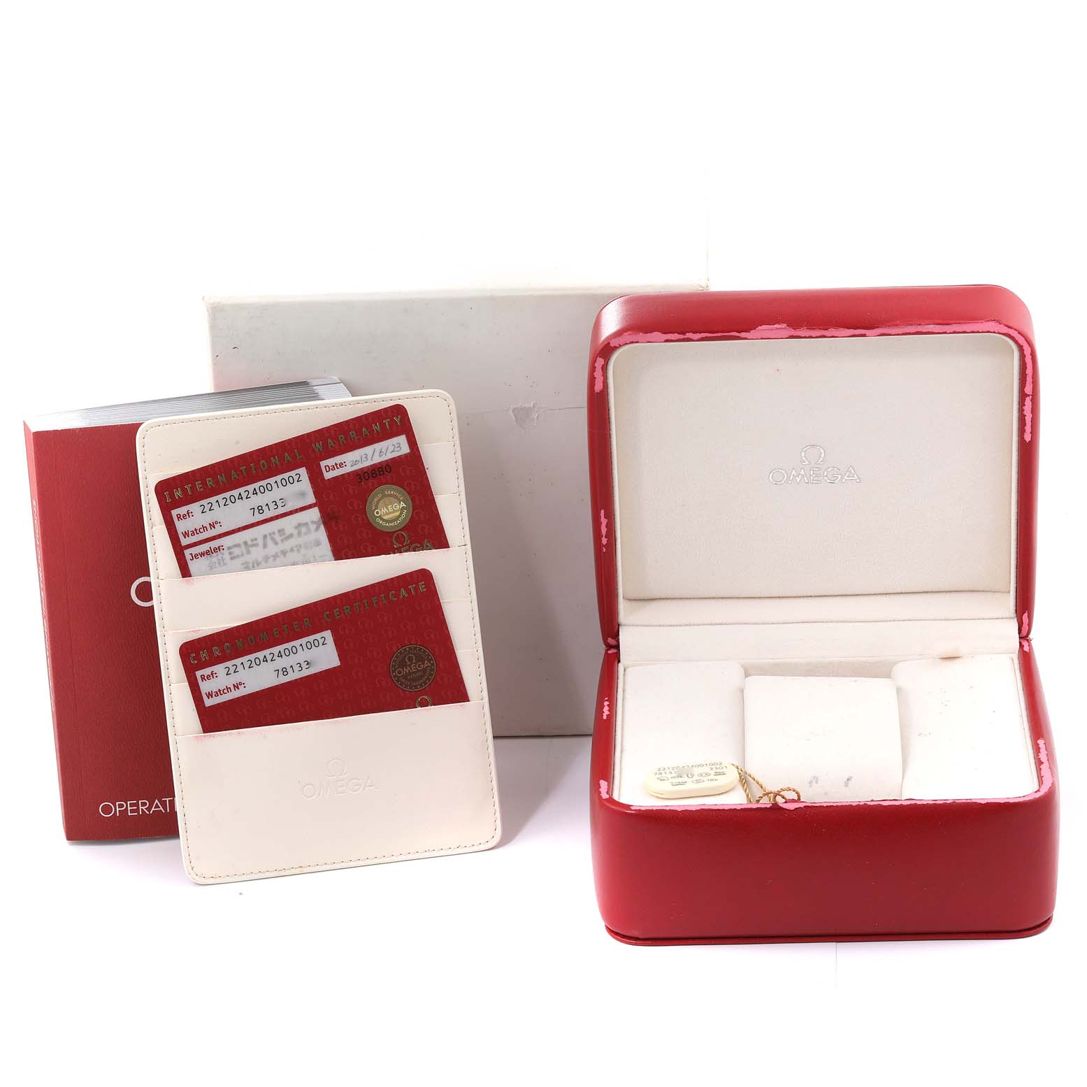 The image shows an Omega Aqua Terra 221.20.42.40.01.002 Men's Steel and Gold (two tone) Black Dial 221.20.42.40.01.002 Men's Steel and Gold (two tone) Black Dial watch's red box, certificates, and accompanying packaging.