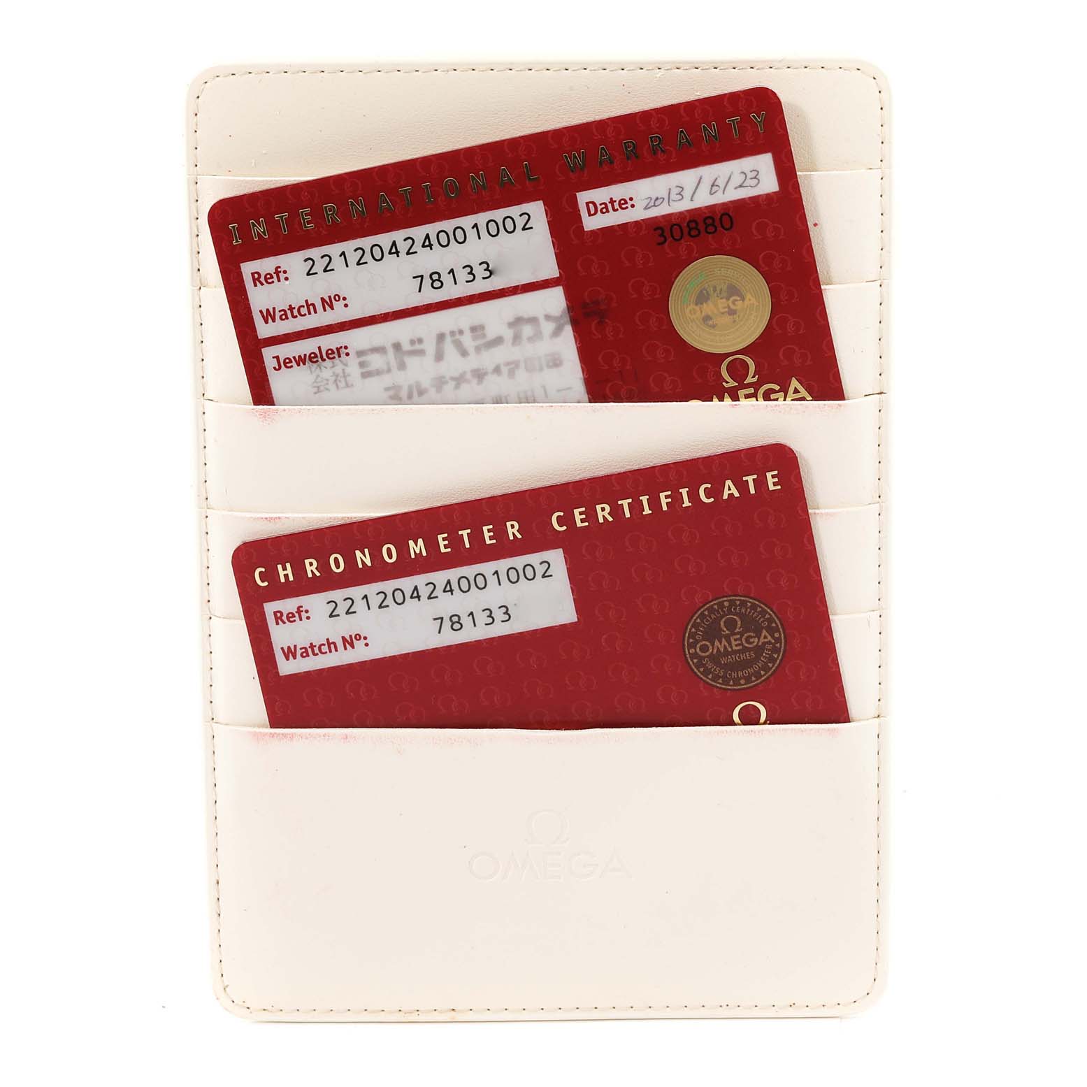 The image shows the warranty and chronometer certificate cards for an Omega Aqua Terra 221.20.42.40.01.002 Men's Steel and Gold (two tone) Black Dial 221.20.42.40.01.002 Men's Steel and Gold (two tone) Black Dial model watch.