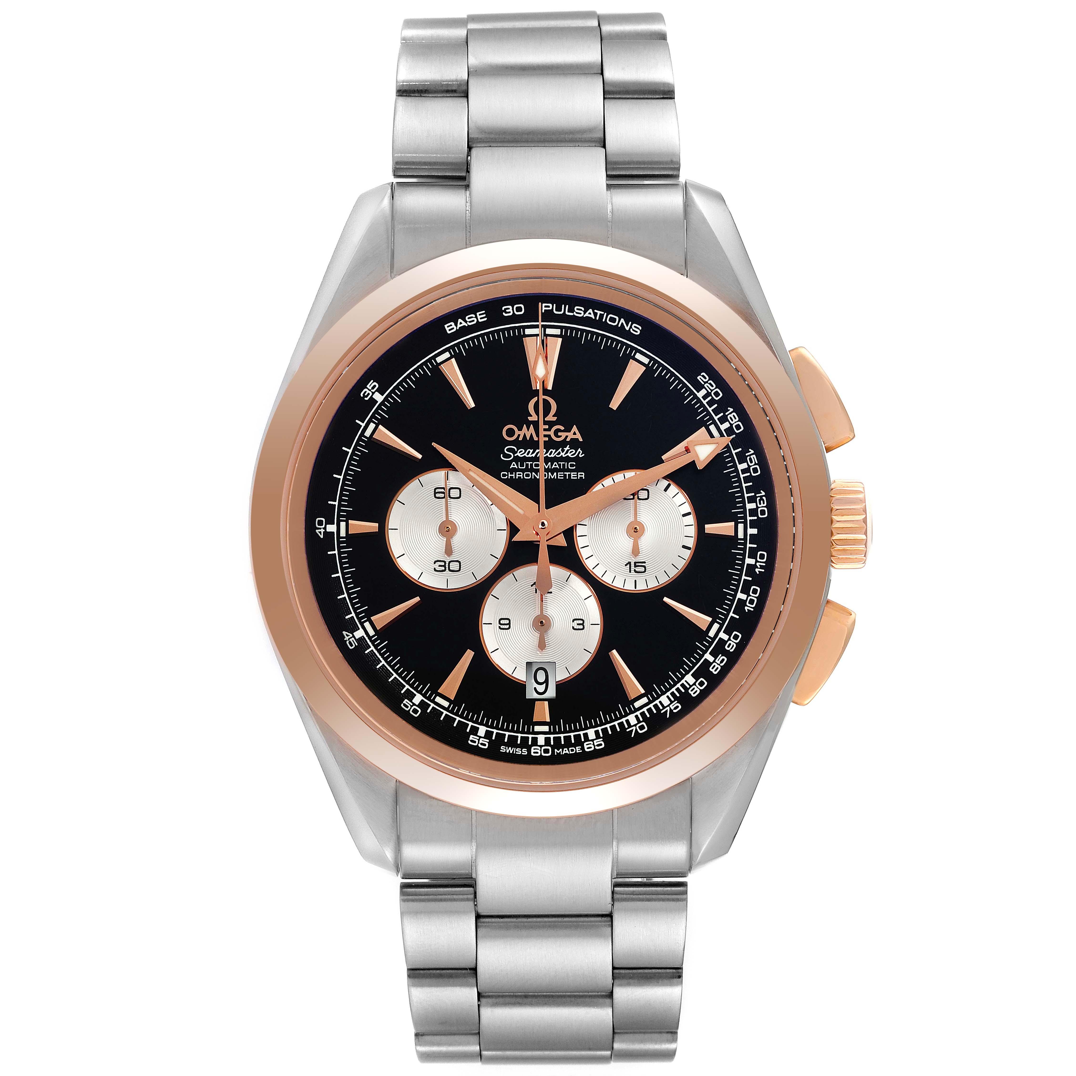 The image shows a front view of the Omega Aqua Terra 221.20.42.40.01.002 Men's Steel and Gold (two tone) Black Dial 221.20.42.40.01.002 Men's Steel and Gold (two tone) Black Dial watch, highlighting its face, bezel, and bracelet.