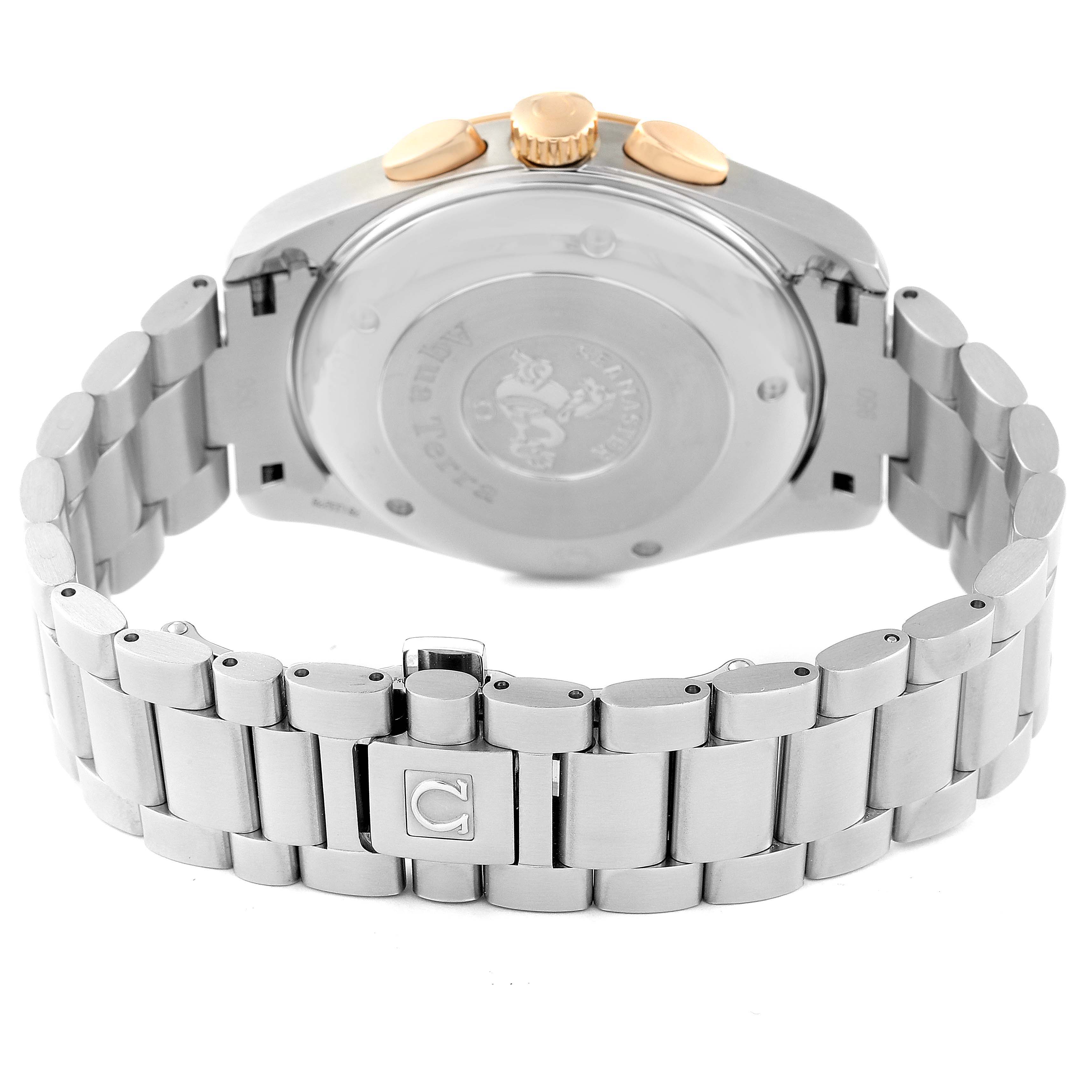 The image shows the back case and metal bracelet of an Omega Aqua Terra 221.20.42.40.01.002 Men's Steel and Gold (two tone) Black Dial 221.20.42.40.01.002 Men's Steel and Gold (two tone) Black Dial watch from a rear angle.