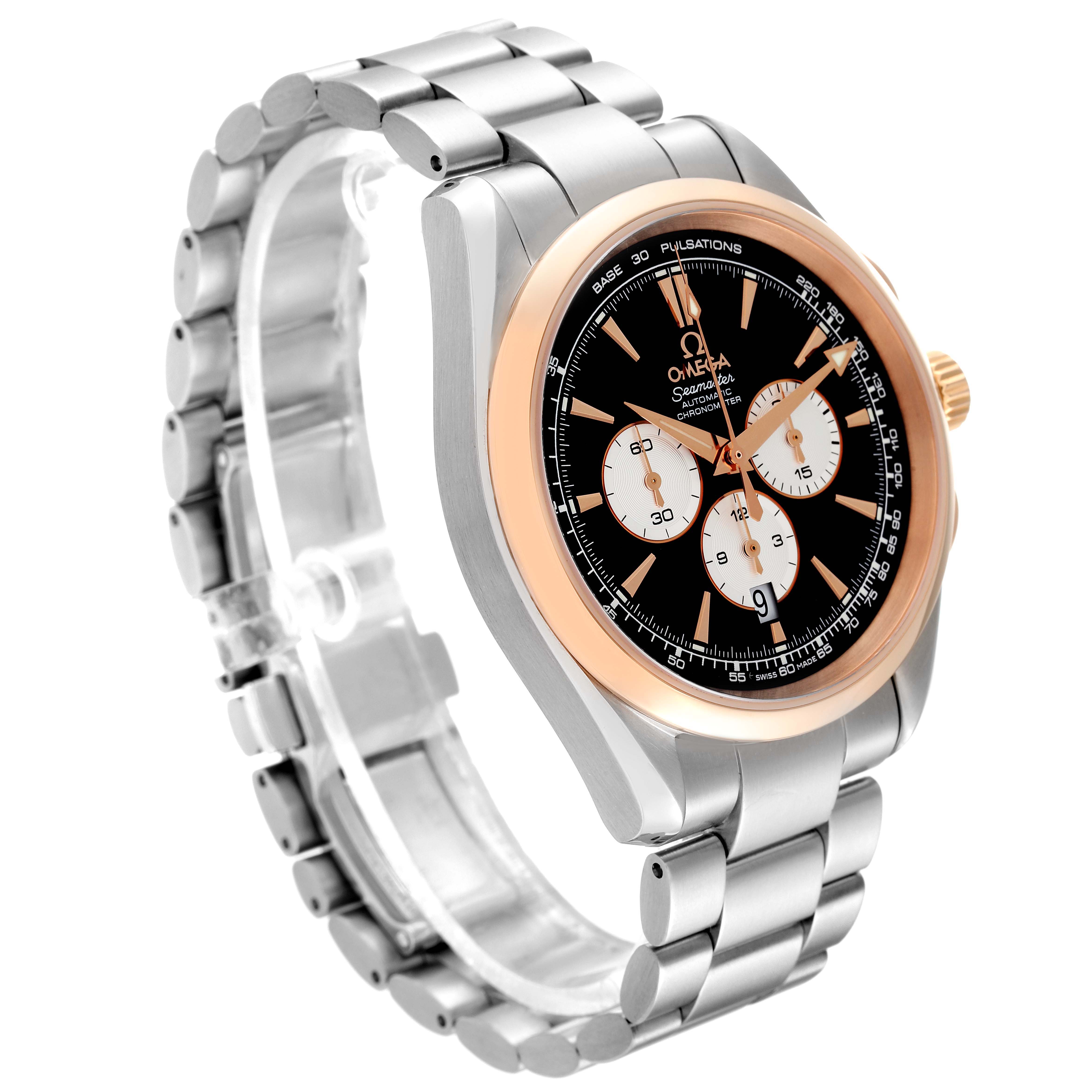 This Omega Aqua Terra 221.20.42.40.01.002 Men's Steel and Gold (two tone) Black Dial 221.20.42.40.01.002 Men's Steel and Gold (two tone) Black Dial watch is shown at an angle displaying its face, bezel, crown, and metal bracelet.