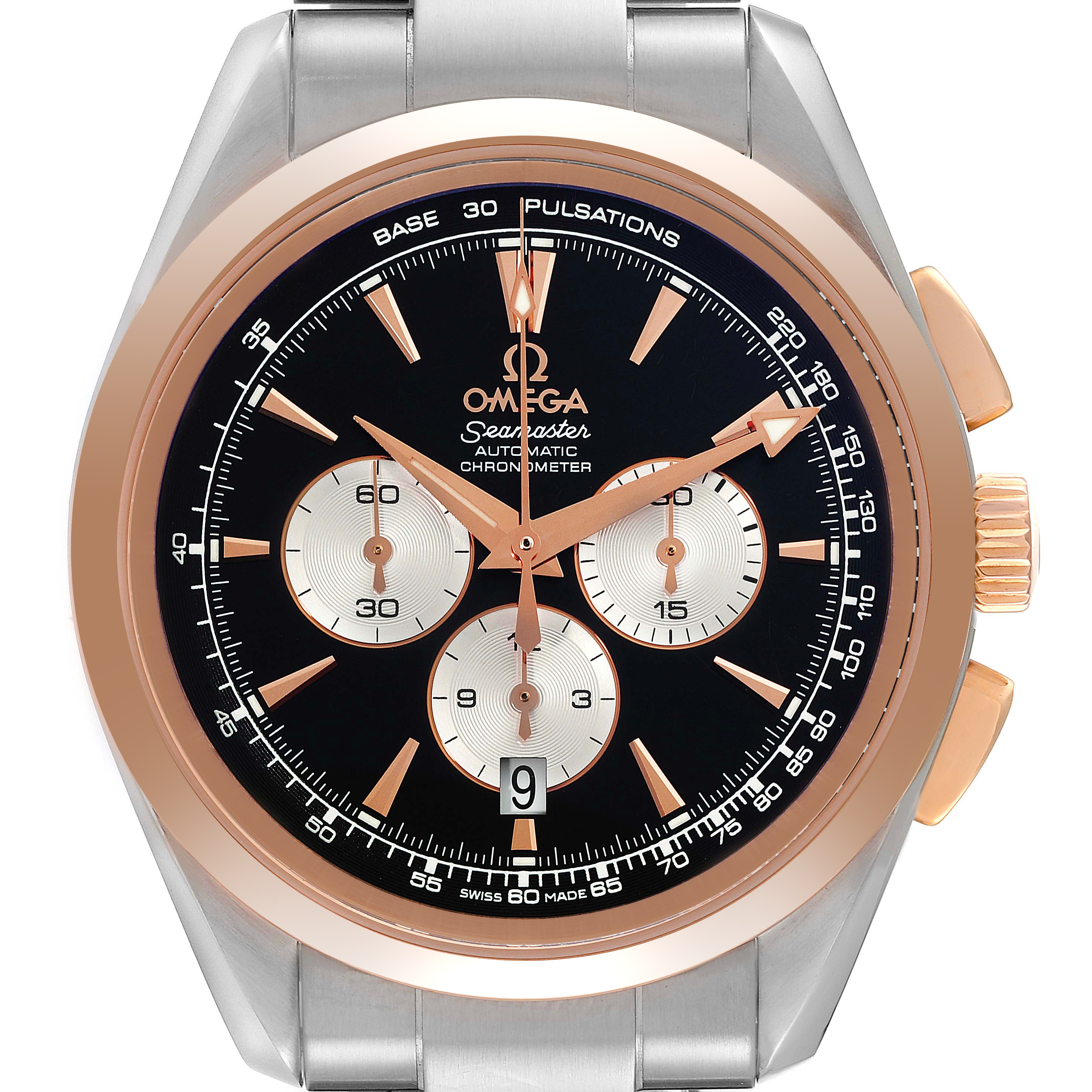 The image shows a front view of an Omega Aqua Terra 221.20.42.40.01.002 Men's Steel and Gold (two tone) Black Dial 221.20.42.40.01.002 Men's Steel and Gold (two tone) Black Dial watch, highlighting the face, hands, indices, subdials, bezel, and crown.