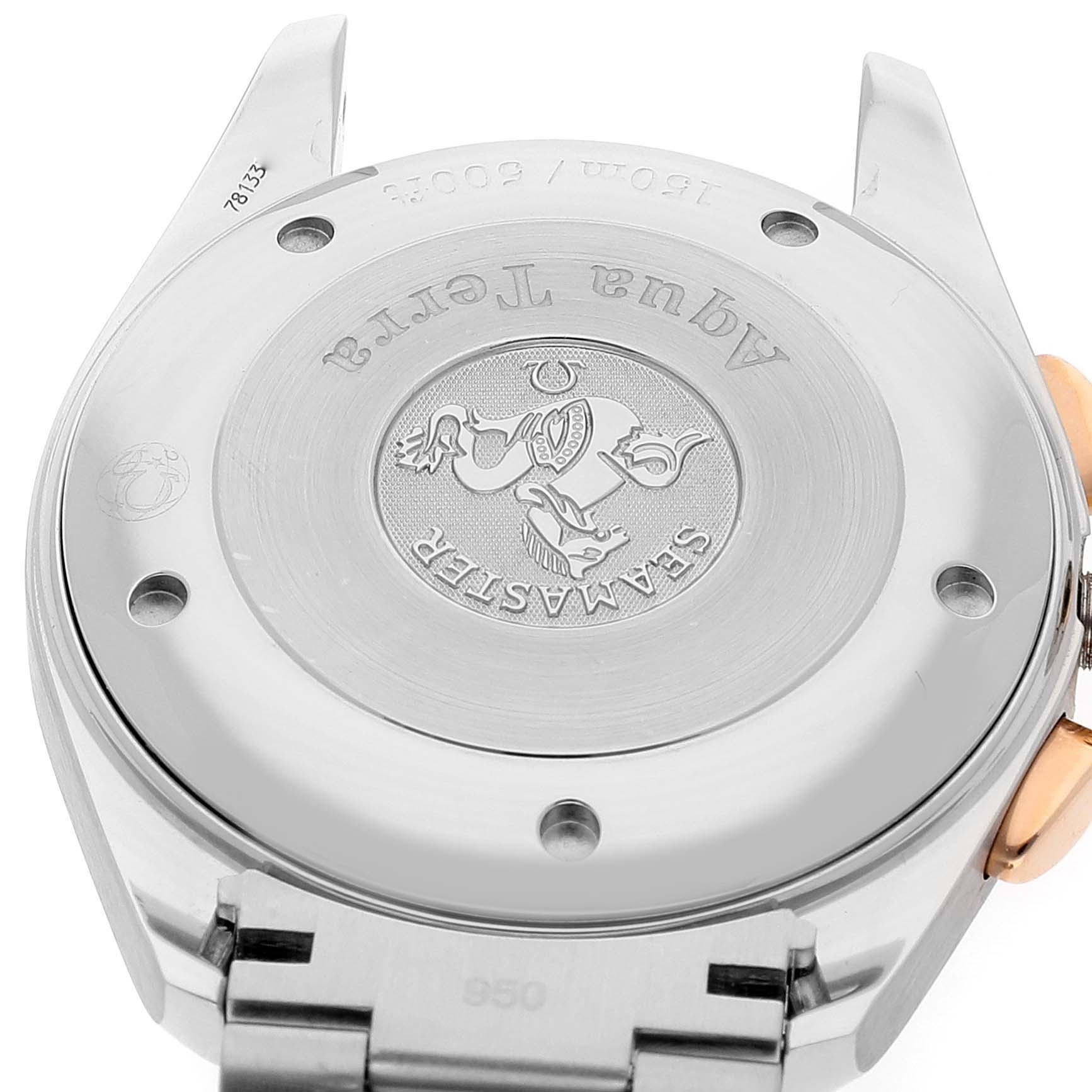 The image shows the case back of the Omega Aqua Terra 221.20.42.40.01.002 Men's Steel and Gold (two tone) Black Dial 221.20.42.40.01.002 Men's Steel and Gold (two tone) Black Dial watch, highlighting the "Seamaster" engraving.