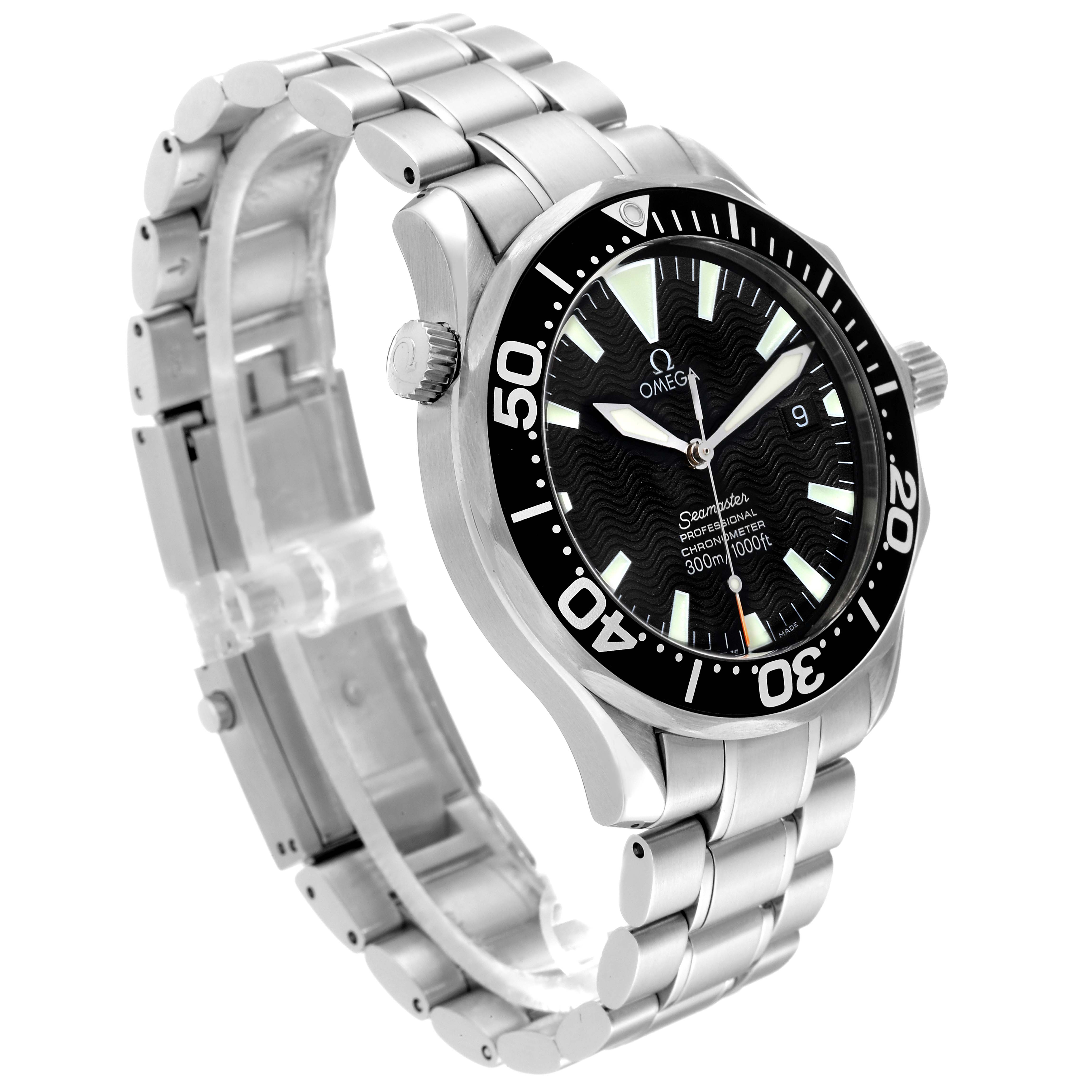 The Omega Seamaster 2254.50.00 Men
s Stainless Steel Black Dial 2254.50.00 Men
s Stainless Steel Black Dial watch is shown at a three-quarter angle, highlighting the face, bezel, and metal bracelet.