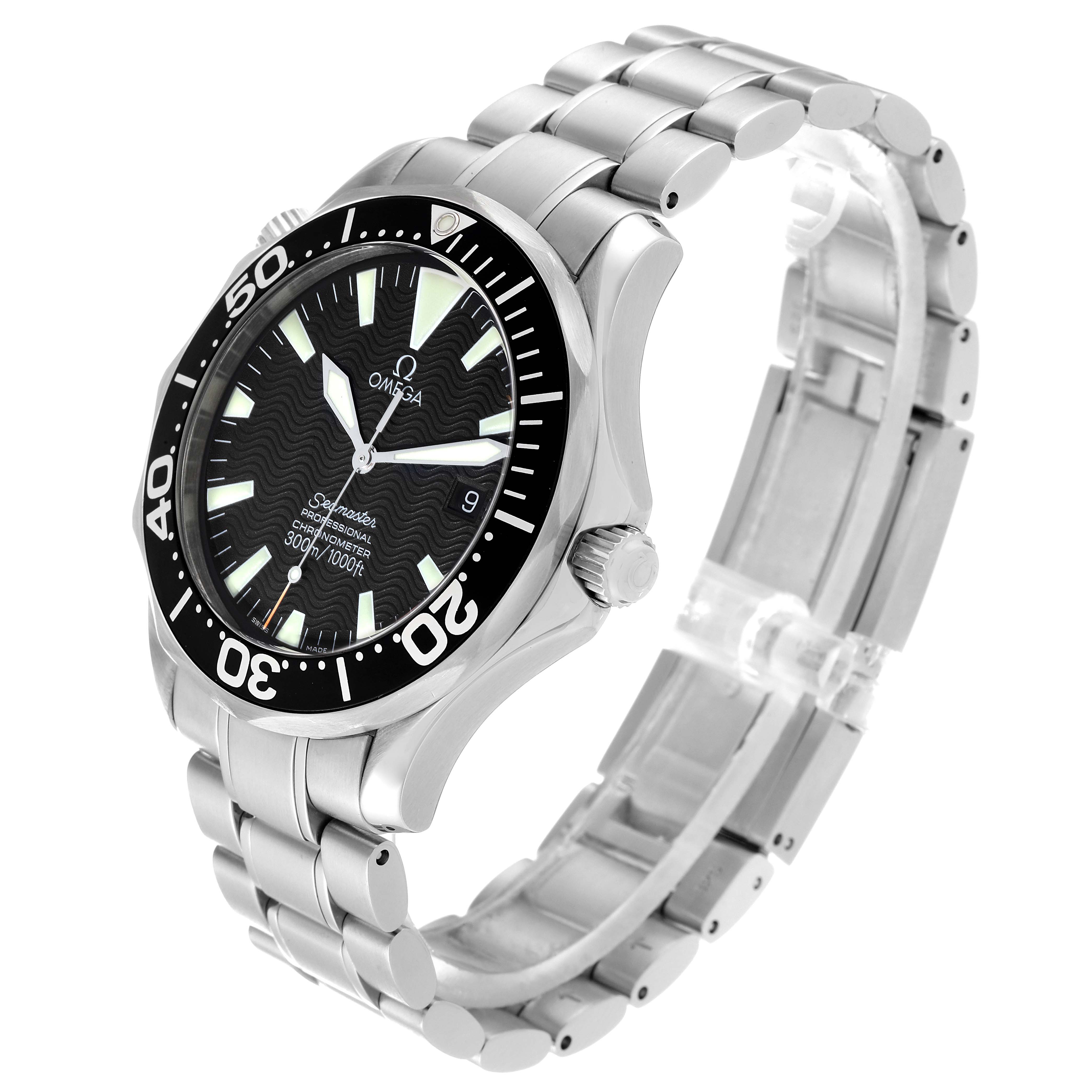 The Omega Seamaster 2254.50.00 Men
s Stainless Steel Black Dial 2254.50.00 Men
s Stainless Steel Black Dial watch is shown at a three-quarter angle, displaying the face, bezel, case, and bracelet.