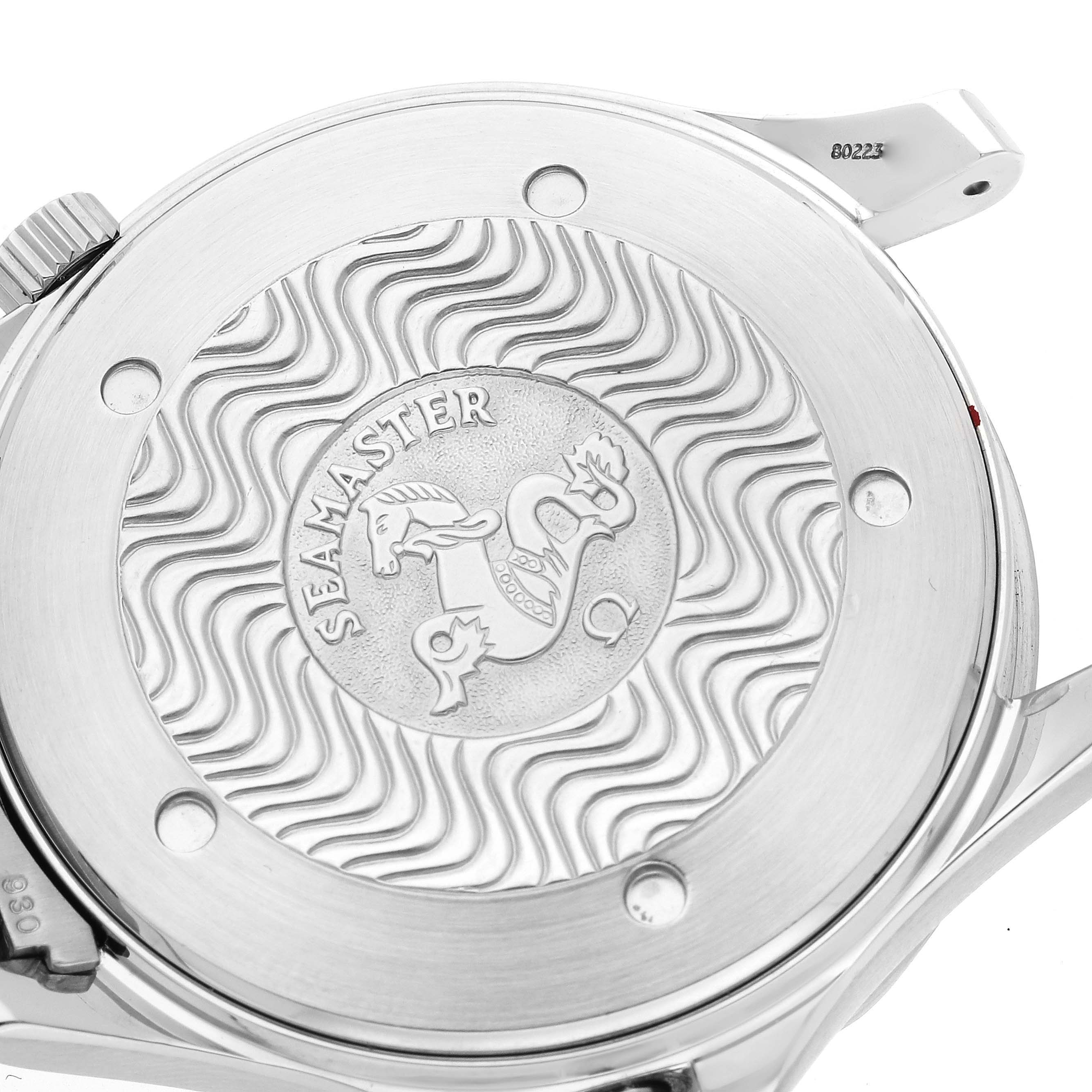 This image shows the engraved case back of an Omega Seamaster 2254.50.00 Men
s Stainless Steel Black Dial 2254.50.00 Men
s Stainless Steel Black Dial watch from a rear angle.