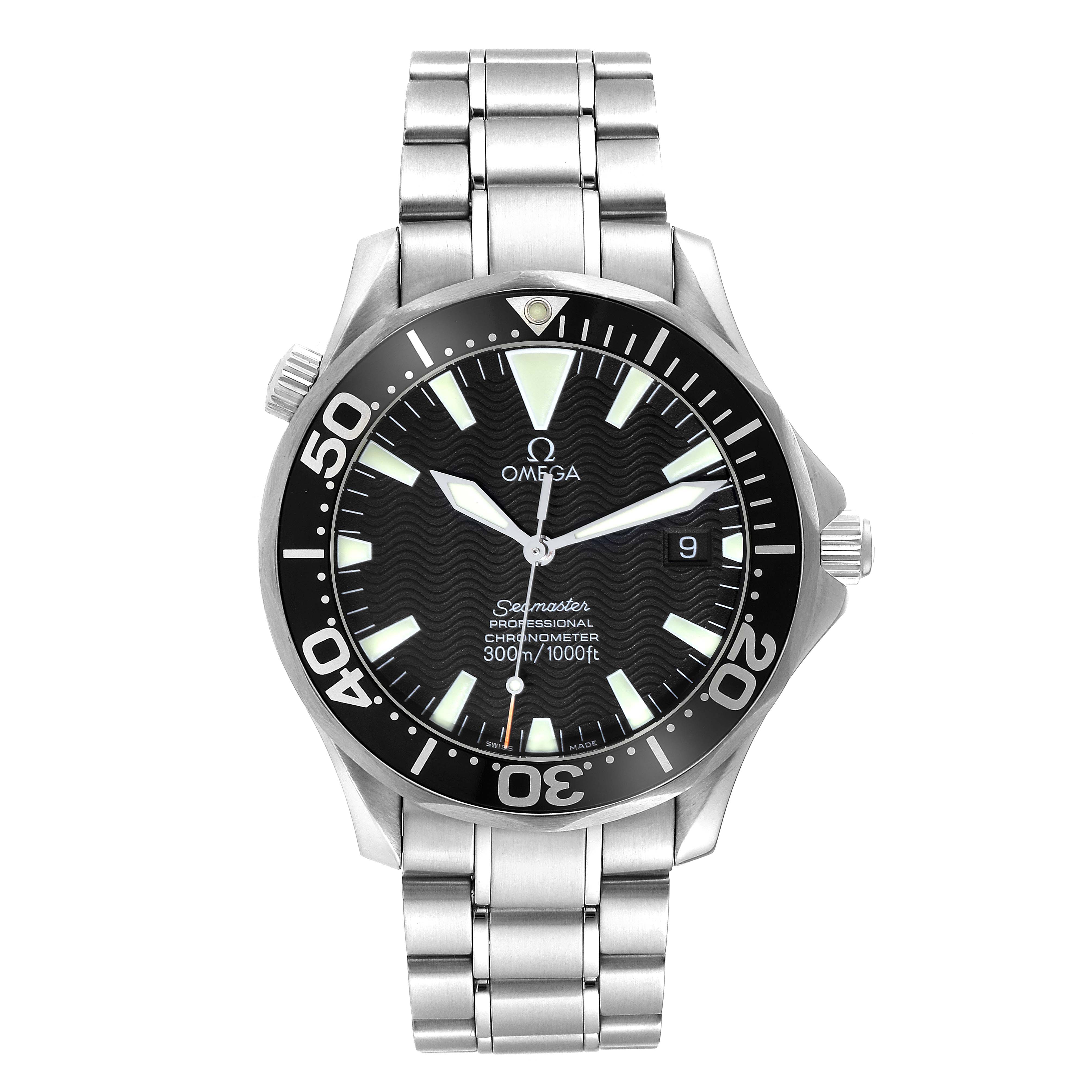 The Omega Seamaster 2254.50.00 Men
s Stainless Steel Black Dial 2254.50.00 Men
s Stainless Steel Black Dial watch displayed at a front angle shows the dial, bezel, crown, and stainless steel bracelet.