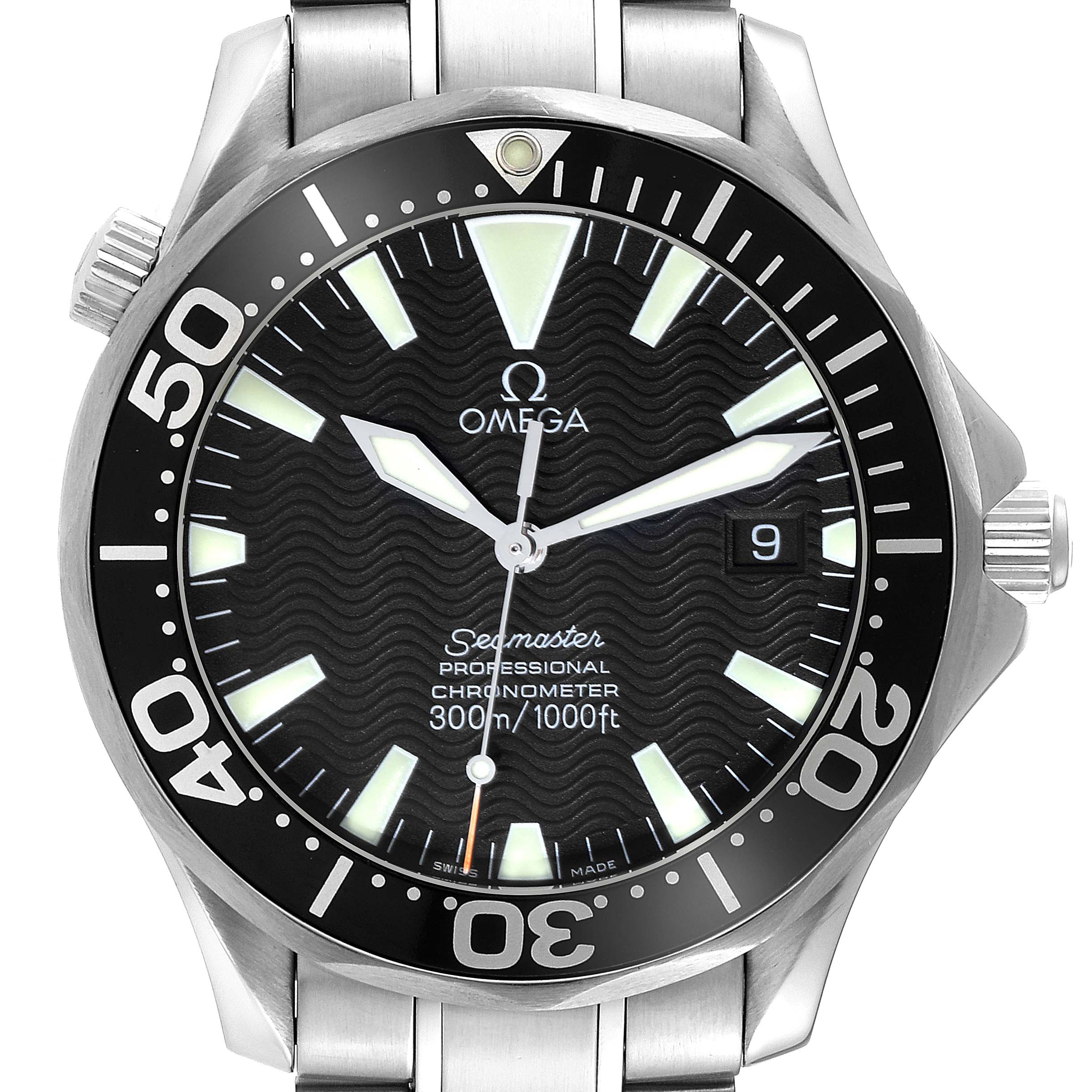 The image shows a front angle view of an Omega Seamaster 2254.50.00 Men
s Stainless Steel Black Dial 2254.50.00 Men
s Stainless Steel Black Dial watch, displaying the dial, bezel, and part of the bracelet.