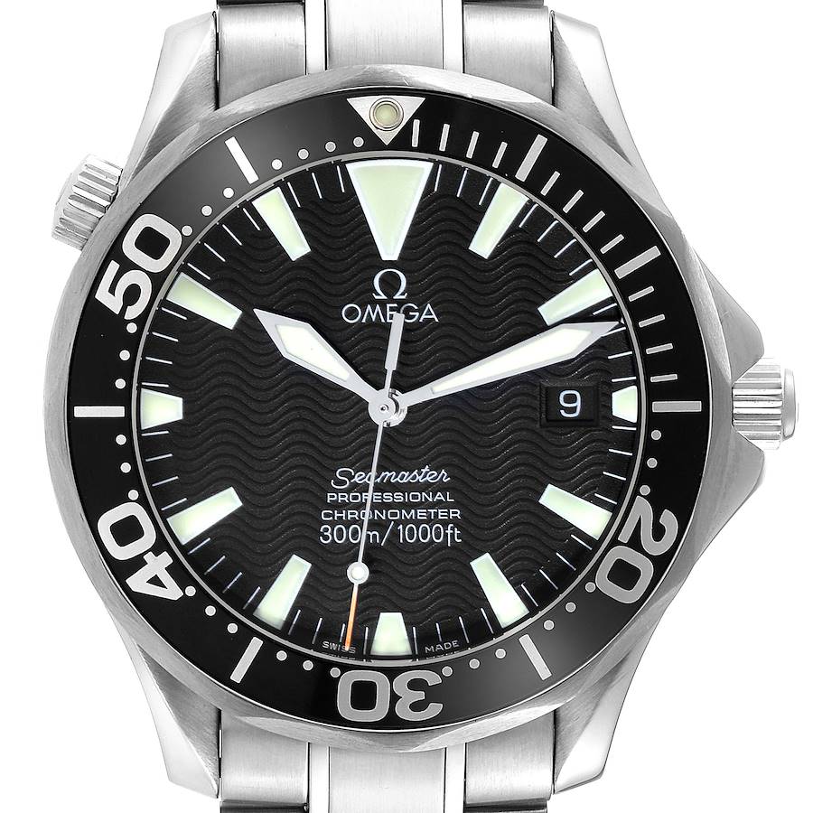 The image shows a front angle view of an Omega Seamaster watch, displaying the dial, bezel, and part of the bracelet.