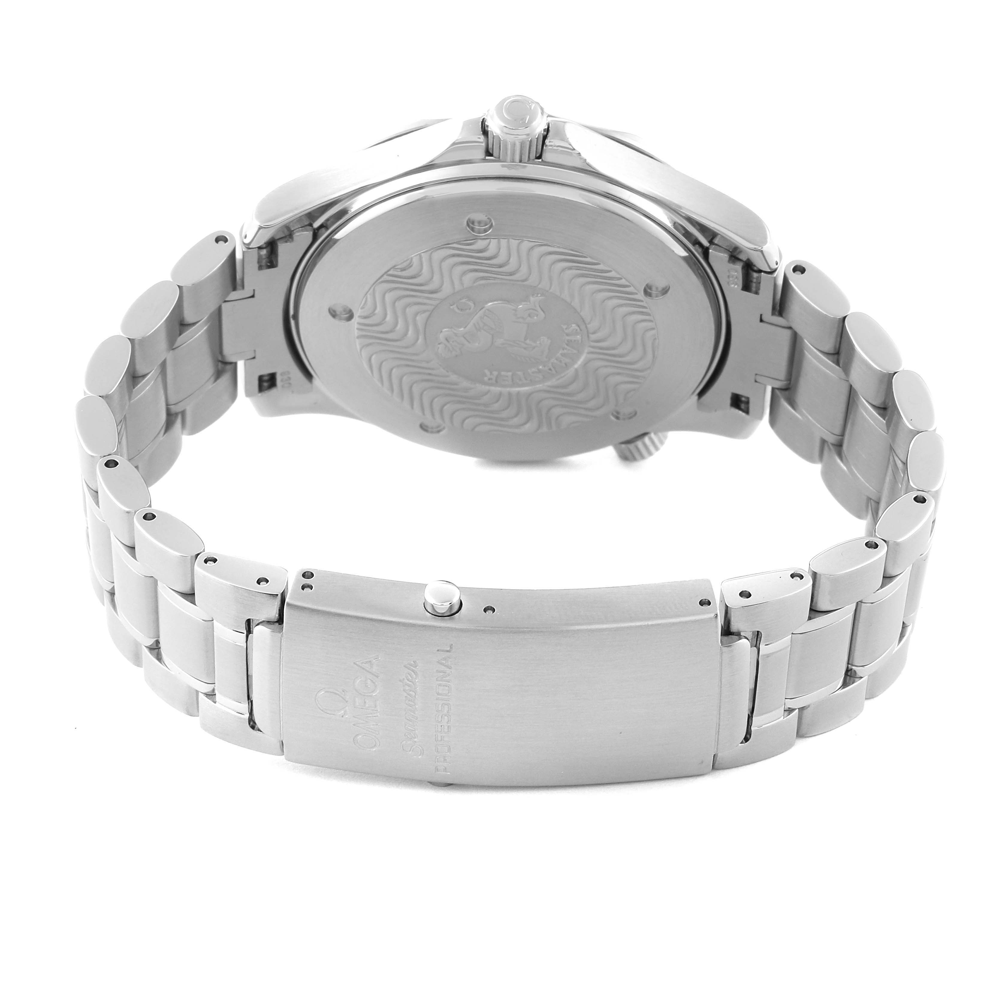 The image shows the back case and bracelet clasp of the Omega Seamaster 2254.50.00 Men
s Stainless Steel Black Dial 2254.50.00 Men
s Stainless Steel Black Dial watch at a rear angle.