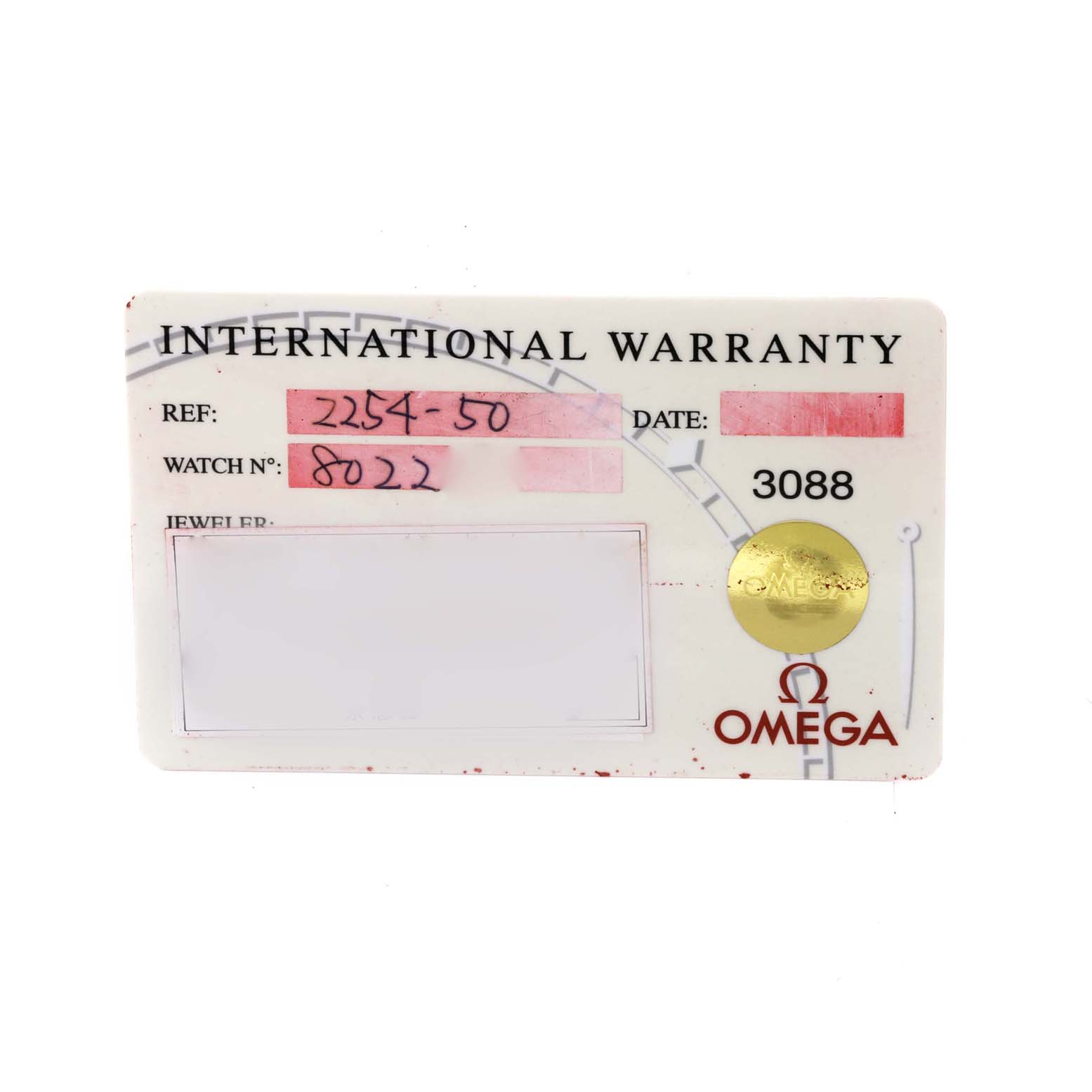 This image shows the international warranty card for the Omega Seamaster 2254.50.00 Men
s Stainless Steel Black Dial 2254.50.00 Men
s Stainless Steel Black Dial model, including reference and watch number details.