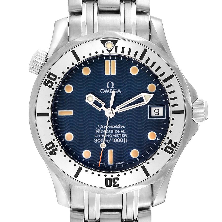 The Omega Seamaster watch is shown from the front, displaying the dial, bezel, crown, and part of the bracelet.