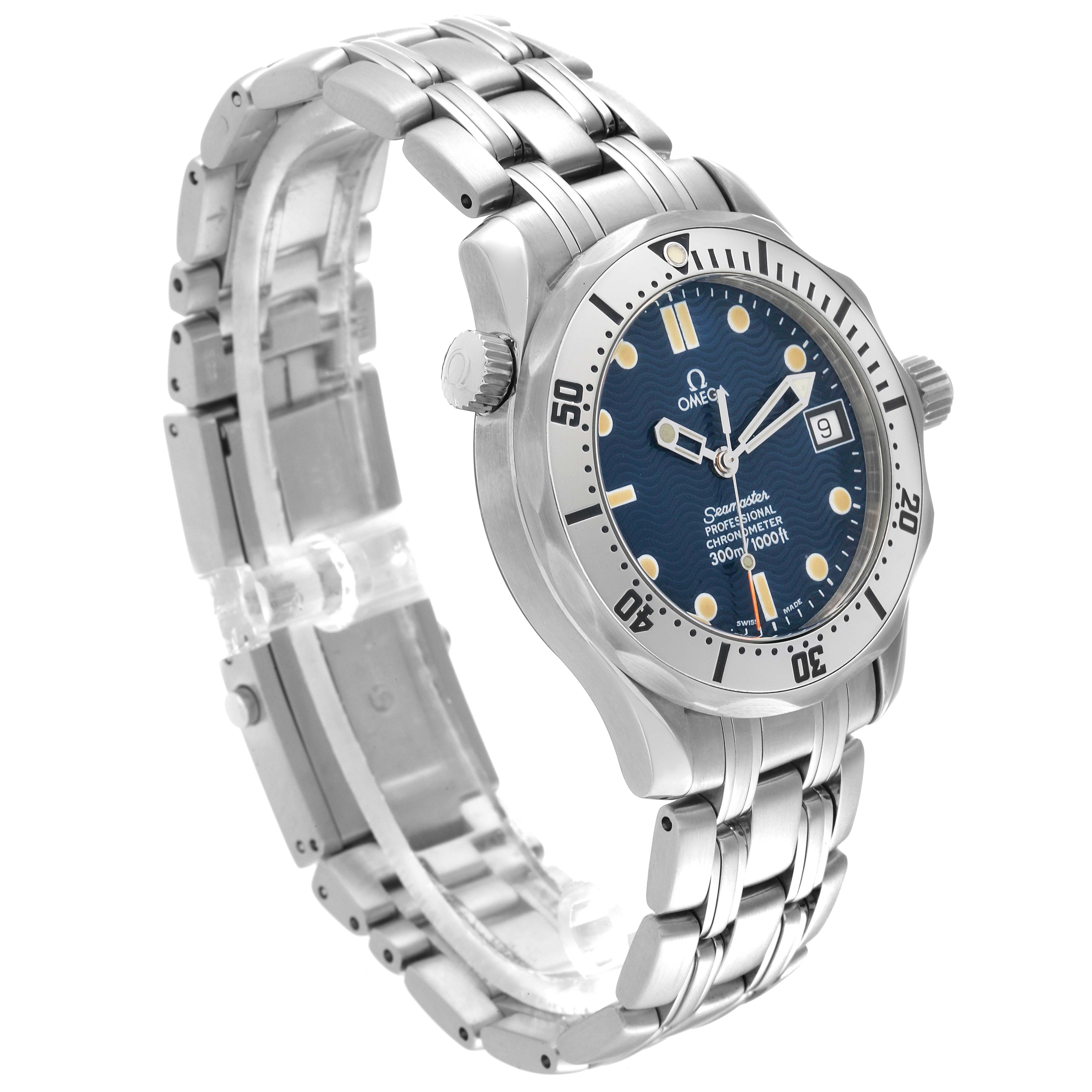 The Omega Seamaster 2552.80.00 Men's Stainless Steel Blue Dial 2552.80.00 Men's Stainless Steel Blue Dial watch is shown at an angled view, highlighting the bracelet, crown, bezel, and dial.