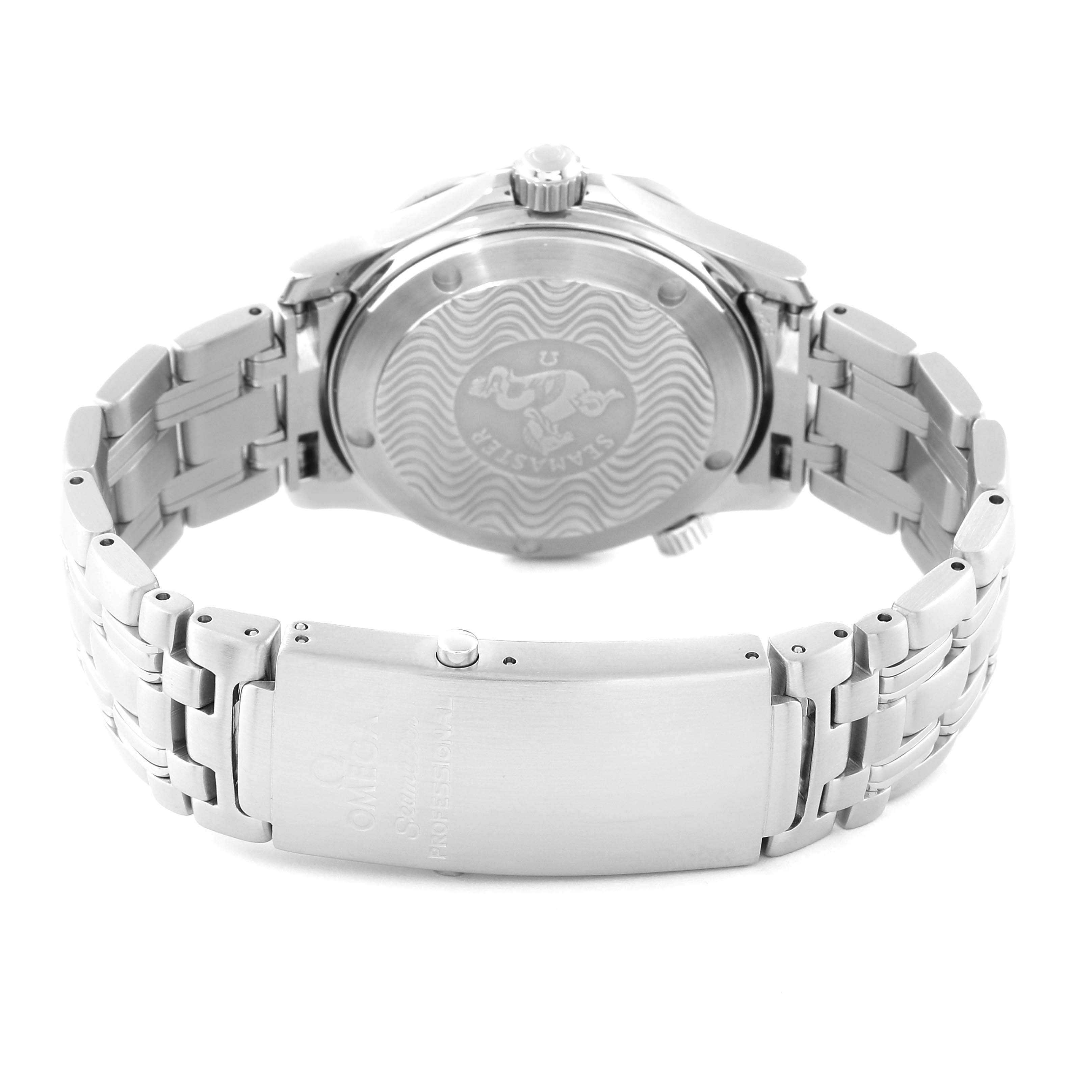 This image shows the back view of the Omega Seamaster 2552.80.00 Men's Stainless Steel Blue Dial 2552.80.00 Men's Stainless Steel Blue Dial watch, highlighting the clasp, case back, and bracelet.