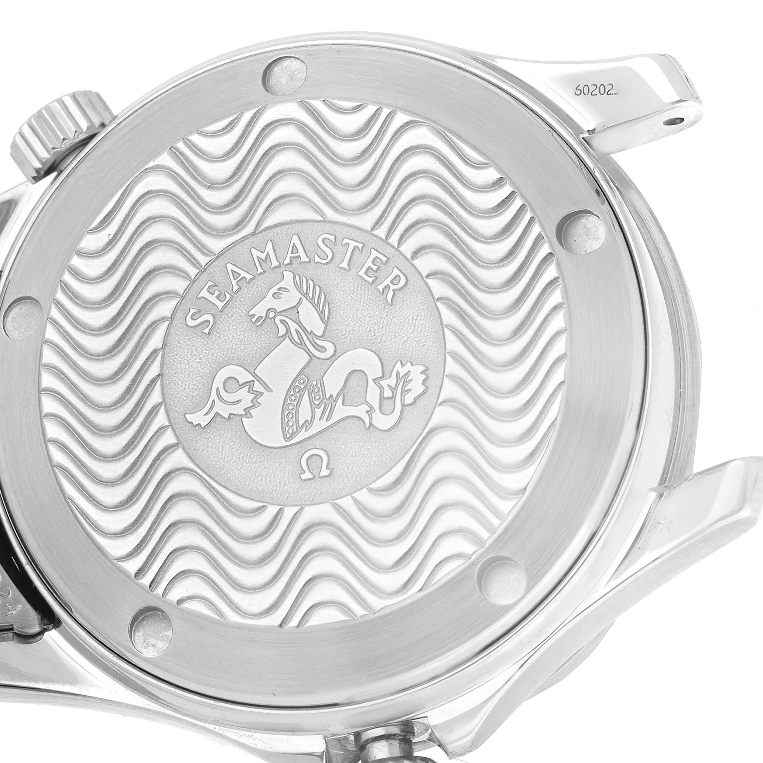 The image shows the case back of an Omega Seamaster 2552.80.00 Men's Stainless Steel Blue Dial 2552.80.00 Men's Stainless Steel Blue Dial watch, with the Seamaster logo and wave pattern.