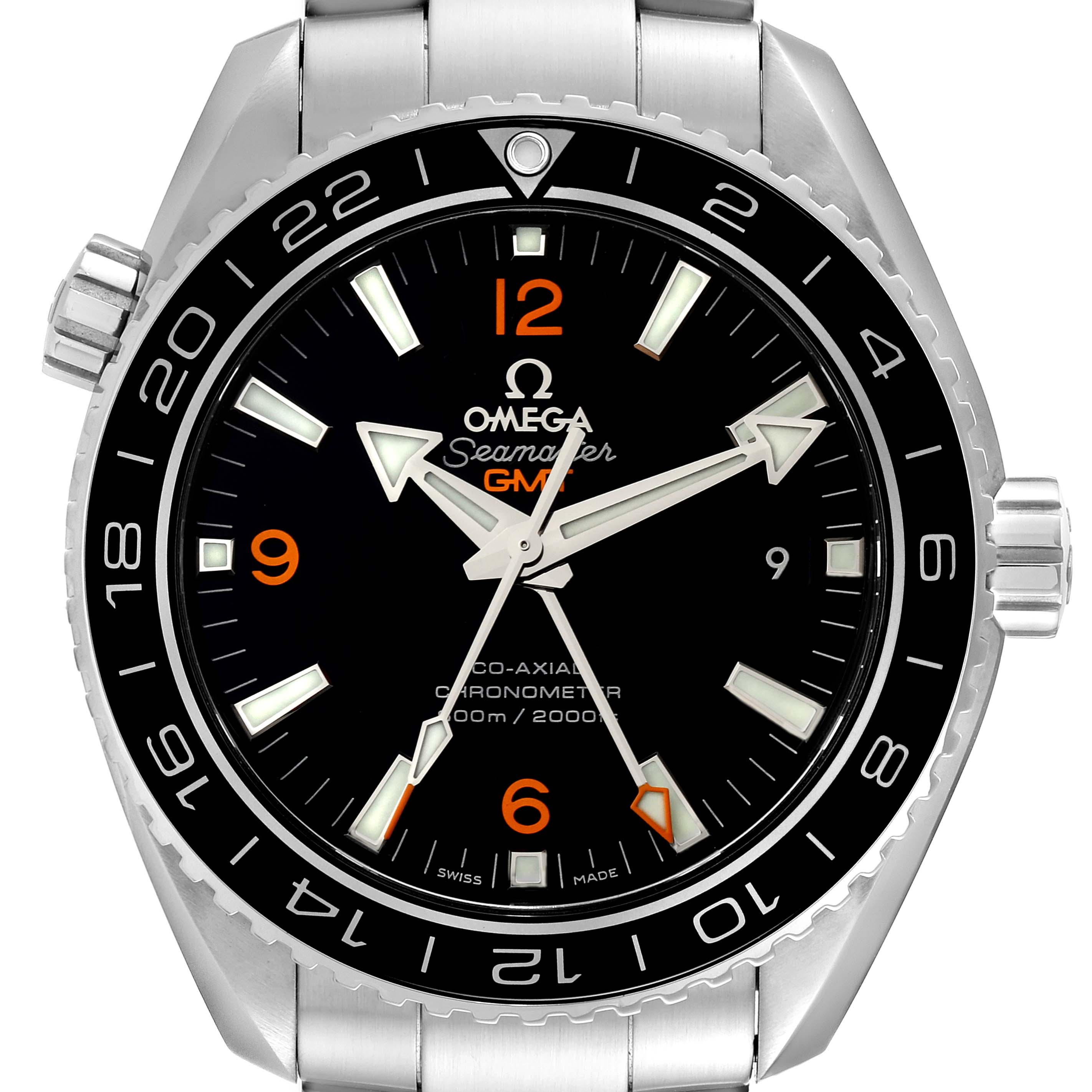 This image shows a front view of the Omega Seamaster Planet Ocean GMT watch face and part of the bracelet.